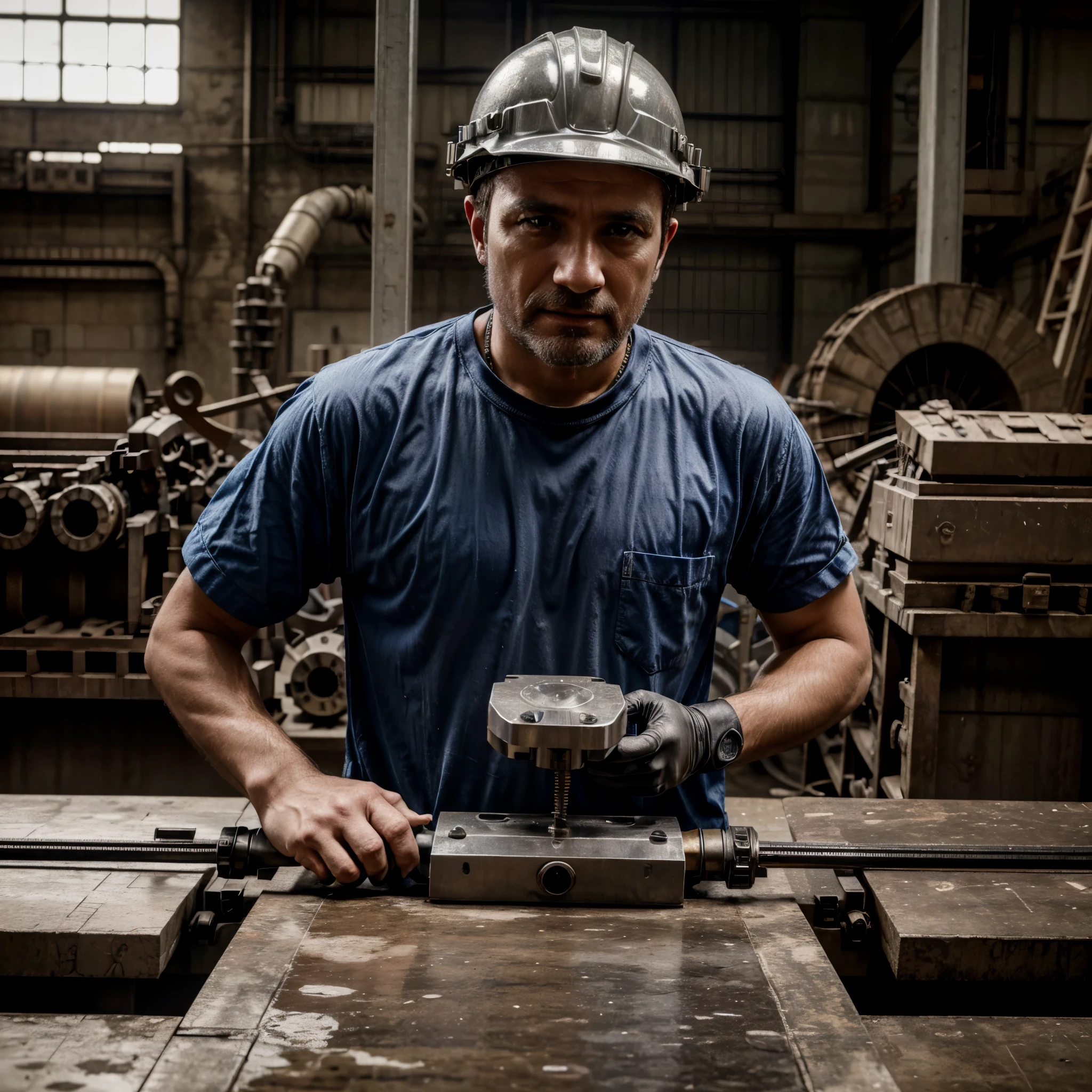 Imagem 4K , HDR+ , Realismo , of a worker wearing a safety helmet with his eyes open towards the machine , and protective equipment while operating an industrial multinational automatic mechanical turning machine.