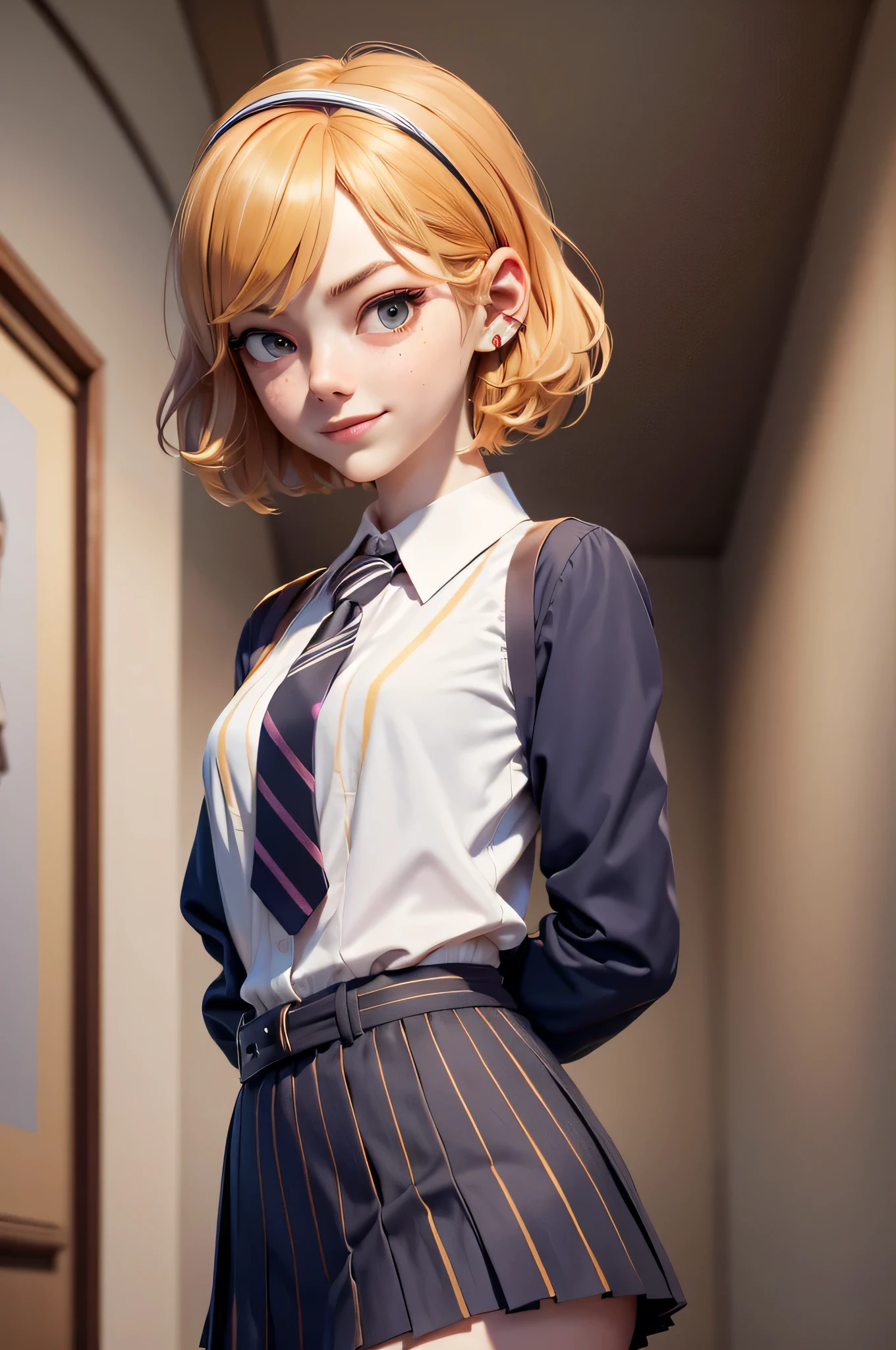 3mm4s, Emma Stone, , gynoid physics, (One:1.1), Emma Stone, perfect face, (((night color striped headband))), (((night skirt suit))), (((pleated school miniskirt))), (((night color jacket))), (((Silk tie))), Windsor tie, (((White shirt))), cup size D, (((Night color miniskirt with 1 horizontal gold stripe))), One focus, fully dressed, elegantly dressed, smiling, careless styling, short hair, Red hair, grey eyes, beautiful detailed eyes，bright students，（very good and beautiful），（Beautiful and detailed description of the eyes), [[gentle fingers and hands:0.55]::0.85], (detail fingers), Facing the camera, (Background with：school corridor，mystical atmosphere), (Illustration, cartoon, Masterpiece, very detailed, Best quality，cinematic lighting，muted colors, detailed background, A high resolution)