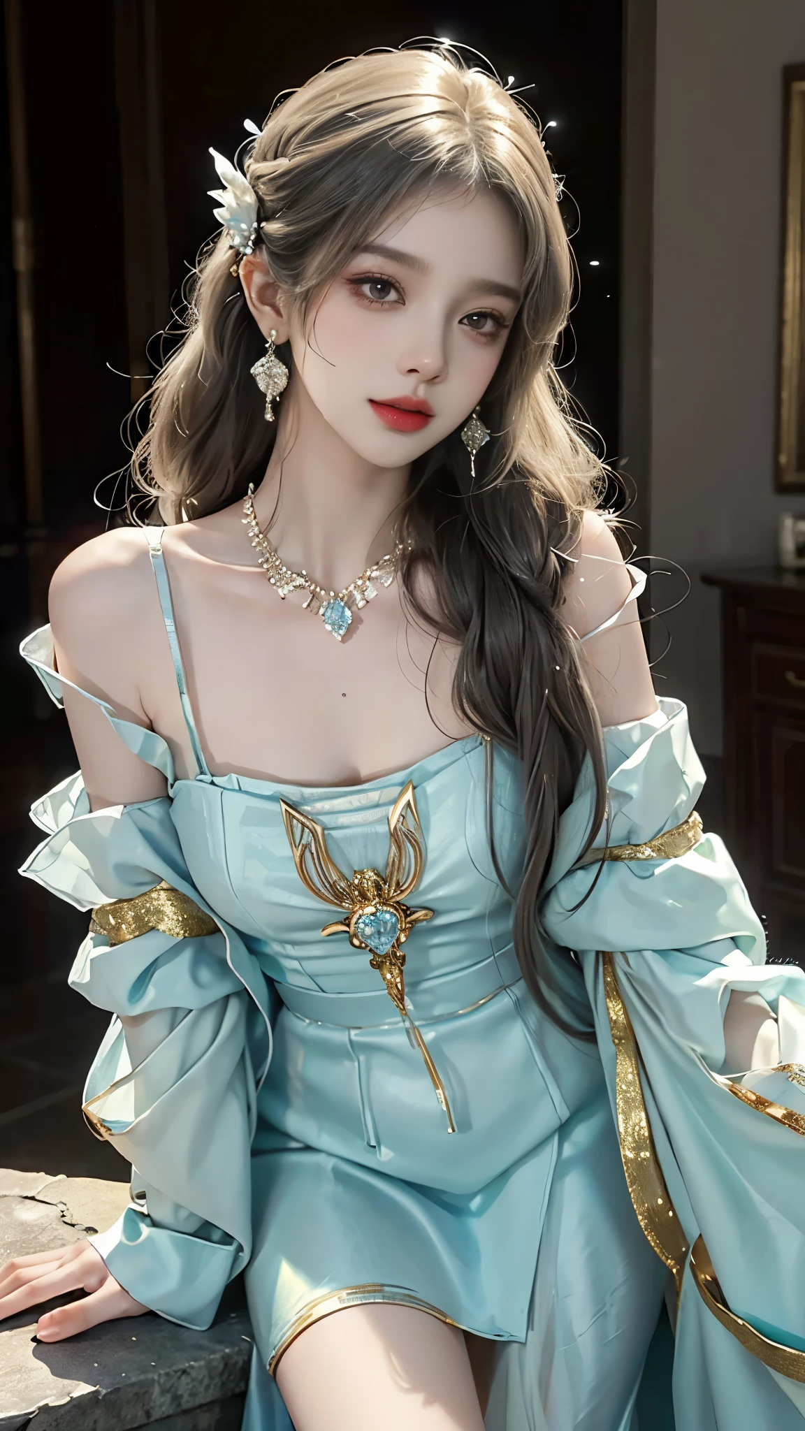 ((whole body)), ((from below)), Yushuxin,1 girl,alone, ((stand up, leaning on ledge)), ((lean forward)), ((The features are clear, clear face, clear face)), red lips, cosmetics, close-up, elegant姿势, seductive pose, Perfect Curve, Slim, Sexy, big breasts, split, beautiful legs, charming gaze, bite lip, messy long hair, Simple and casual scene, Very detailed, Ultra-clear, best quality, official art, exquisite earrings, exquisite necklace, Very detailed description, Super beautiful painting, Sophisticated functionality, elegant, beautiful, Super fine details, masterpiece, Authentic texture, Realistic movie lighting, masterpiece, best quality