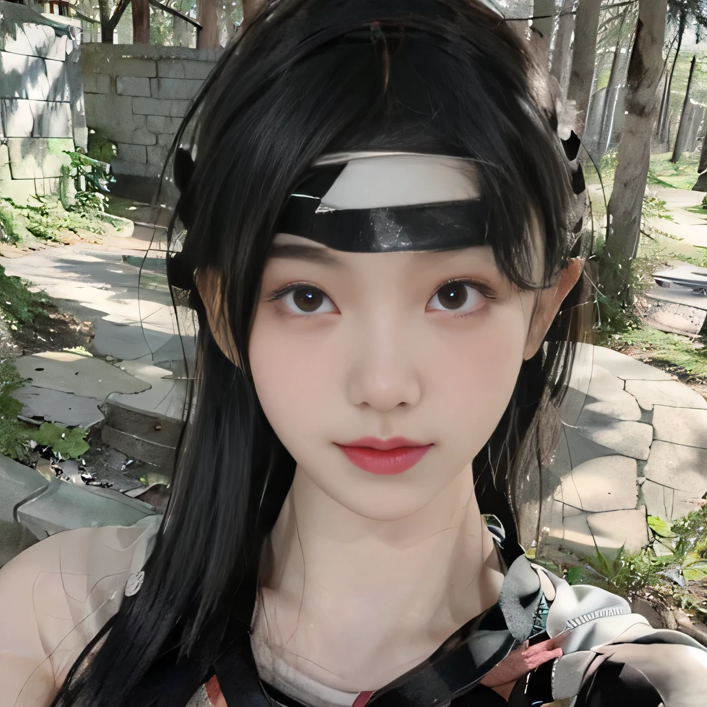 1girl、Kunoichi's costume、in the forest、outside、ninja headband、ninja mask、clear eyes、upper body close-up、clavicle show、