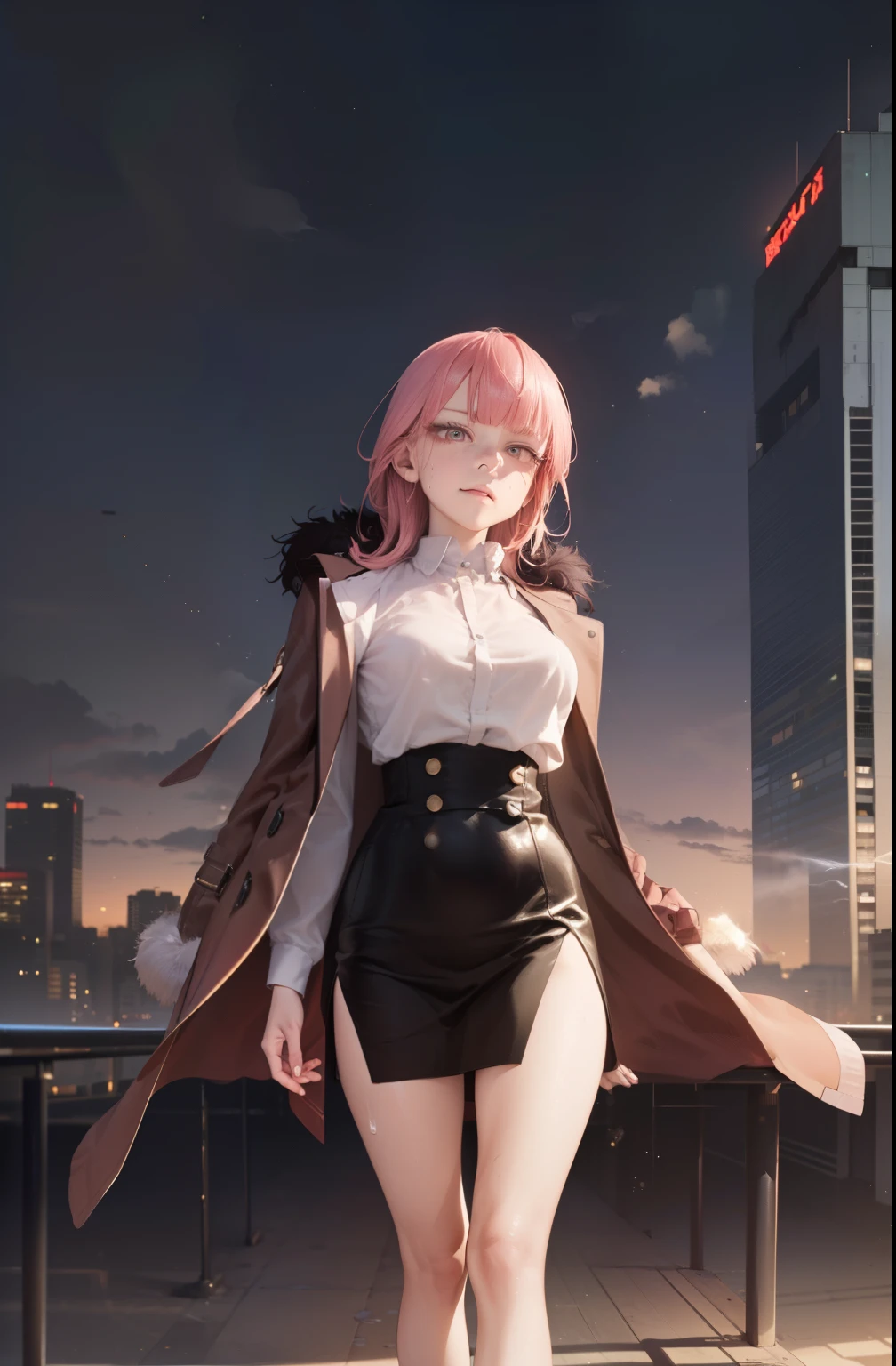 ((masterpiece、high quality、High resolution、4k, 8k, Blue Archive Official Art、live action)),knowledgeable person、detailed face、fine eyes、fine eyes、 (dripping Sweat、oil skin,glowing skin、realistic skin texture、fine and beautiful skin、shiny skin, big breasts、beautiful thighs, mature pretty woman、transparent eyes、sexy、(細い body and limbs,), (random pose) , ((clear eyes、double eyelid、big breasts))、((character : Karin Kakudate Blue Archive))、ぶら下がるbig breastsがシャツから見える、brown coat with fur、night view、night room、dark、lights out、skyscrapers、cyber punk、Rooftop of building with glowing helipad、Fluttering Wind、night breeze、かっこいいstanding pose、((thin waist、thin thighs、beautiful feet))、standing pose、((vapor,Sweat,what))、(black leather high waist slit skirt),((stare into the distance, Landscape))、With a bewitching smile、(((迸るSweat、oil skin,sparkling skin、realistic skin texture、detailed beautiful skin、shiny skin、shiny skin)))