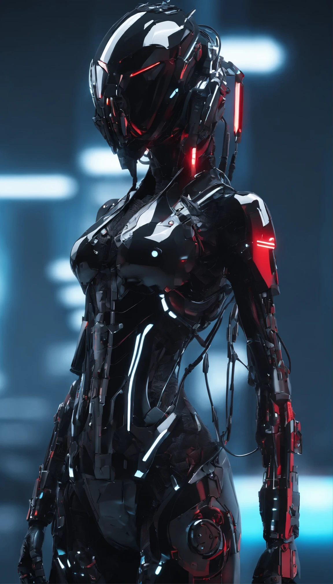 Ultra detailed mechanical cyberpunk female android center portrait, Anime style、Looking into the camera, Convoluted, Elegant, The ultra -The high-definition, Smooth, Sharp Focus, non-blur, No degrees of freedom, Extreme illustration, Unreal, Full body (Details), whole body highly detailed, (((Cable to connect to the monitor))), (((Machines that attach parts to the head))) | bio punk | cybernetics | Cyberpunk | | Canon M50| 100 mm| Sharp Focus | Hyper-Realism | Very detailed| Intricate details | full-body view, Small glowing LED lamp, Bright red neon highlights, global lighting, Deep Shadows, Octane Rendering, 8K, ultrasharp, Metal, Intricate decoration details, Baroque style details, high intricate detailed, Realistic light, Trends in CG, Facing the camera, neon details, (android factory on background). Red.