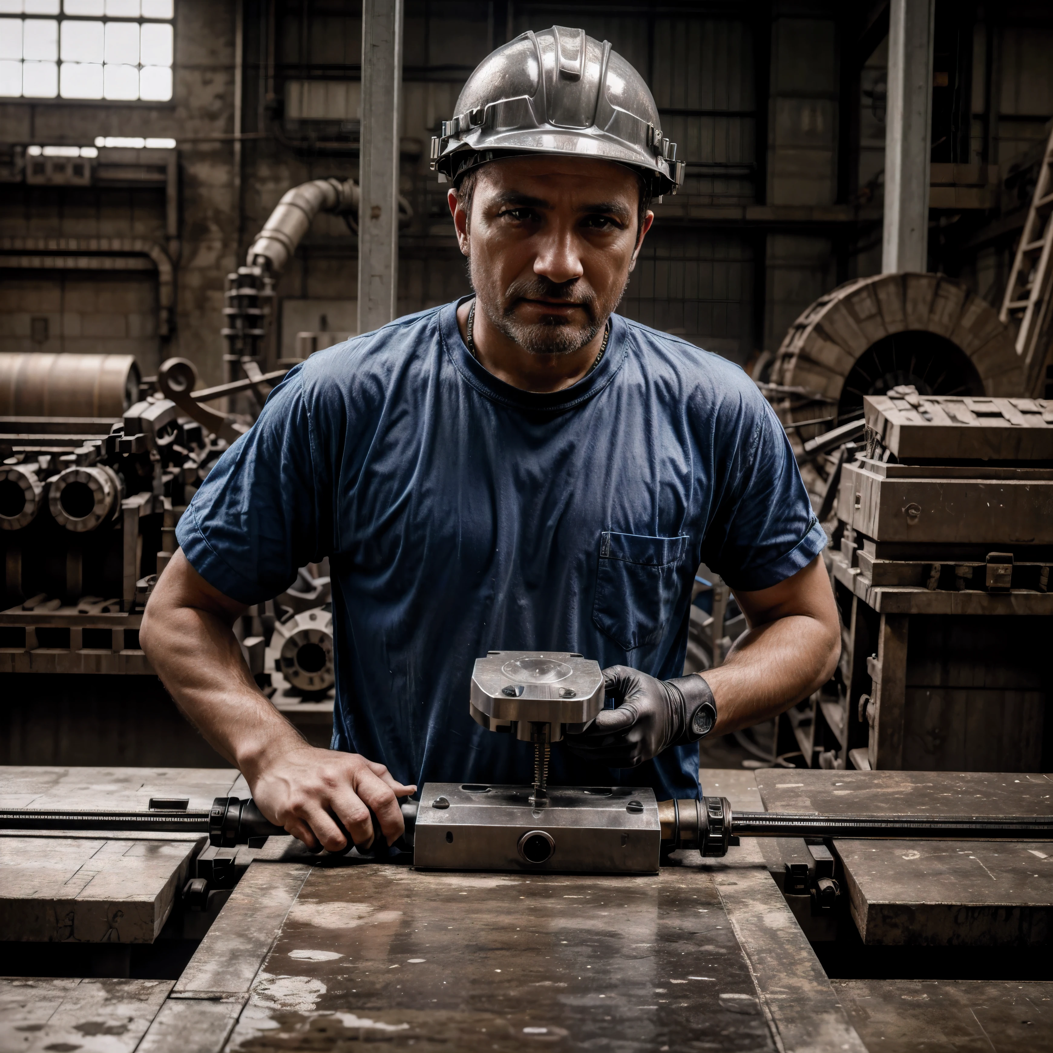 Imagem 4K , hdr+ , Realismo , of a worker wearing a hard hat with eyes open toward the machine , and protective equipment when operating an industrial multinational automatic lathe.