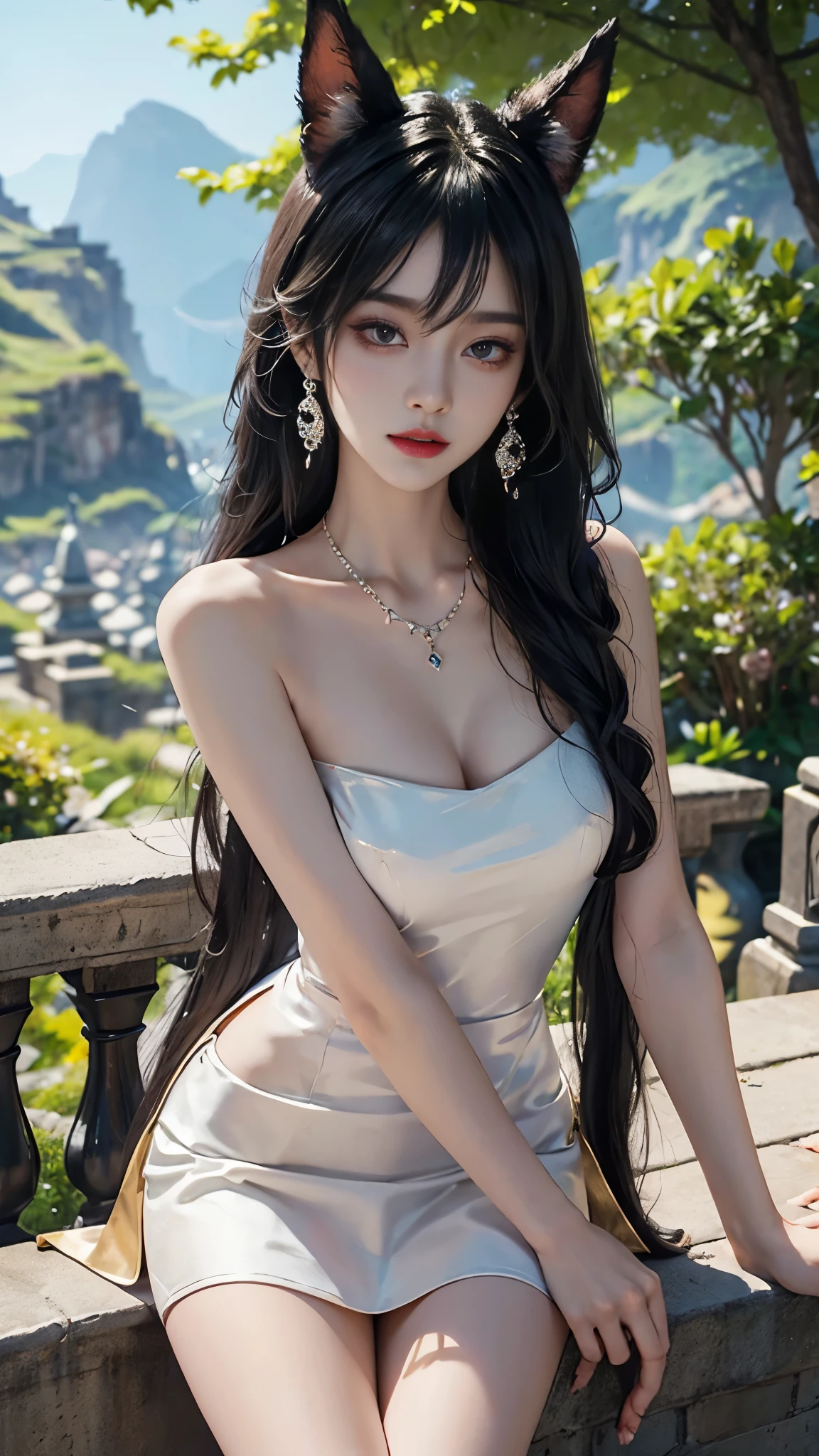 Ahri_Cosplay, White Tails, Black long hair, yellow eyes, ((whole body)), ((from below)), Yushuxin,1 girl,alone, ((stand up, leaning on ledge)), ((lean forward)), ((The features are clear, clear face, clear face)), ((bare shoulders)),red lips, cosmetics, close-up, elegant姿势, seductive pose, Perfect Curve, Slim, Sexy, big breasts, split, beautiful legs, charming gaze, bite lip, messy long hair, Simple and casual scene, Very detailed, Ultra-clear, best quality, official art, exquisite earrings, exquisite necklace, Very detailed description, Super beautiful painting, Sophisticated functionality, elegant, beautiful, Super fine details, masterpiece, Authentic texture, Realistic movie lighting, masterpiece, best quality