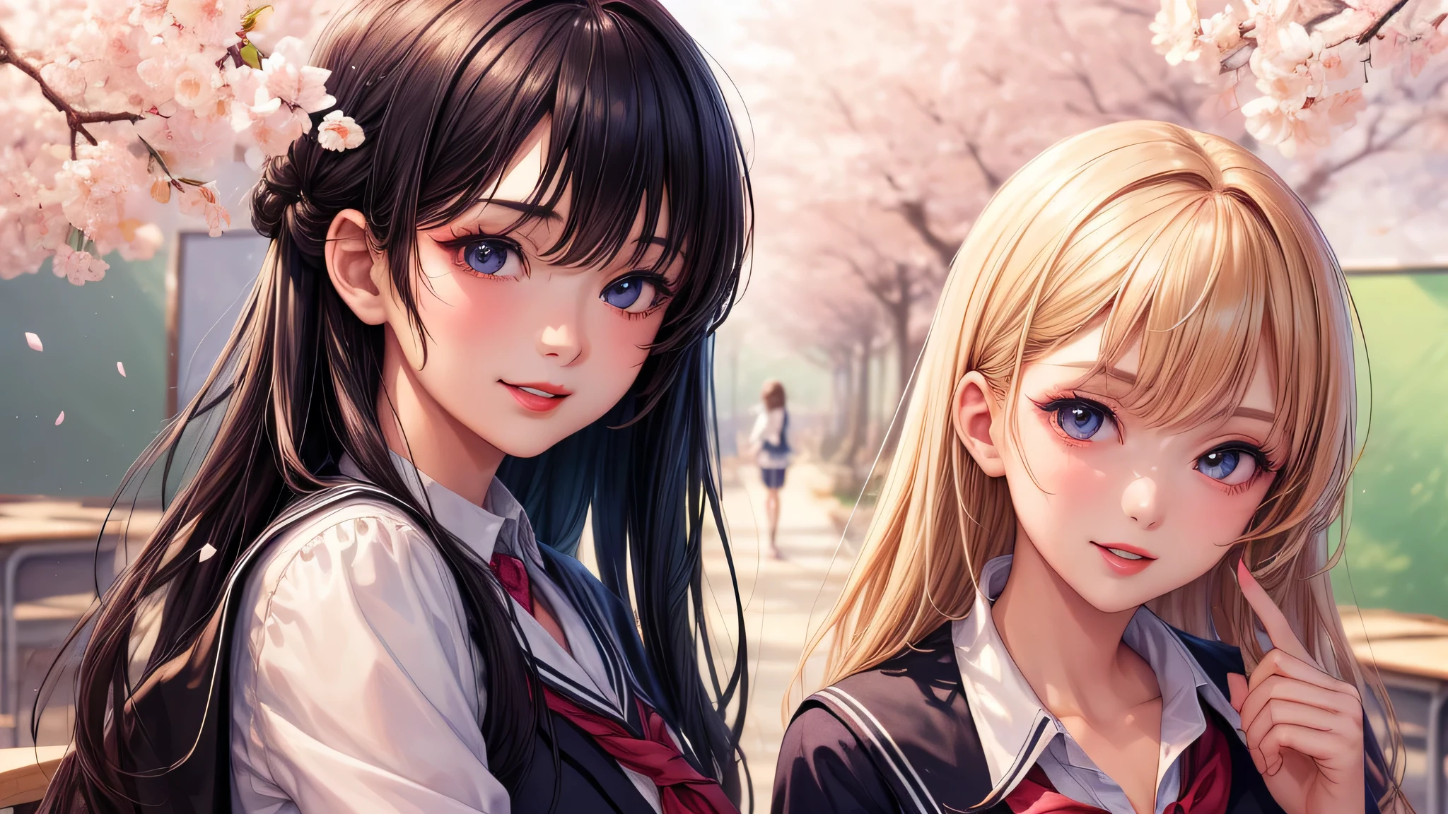 (2 girls:1.2), incredibly beautiful face, compensate, lipstick, enchanting smile, (school uniform, mini skirt:1.2), (highest quality: 1.4), (Super detailed), (highest quality:1.4), (super detailed), evening, (anime illustration), very high resolution, (Upper body), close up face, cherry blossoms, (School, classroom), School anime, anime illustration,