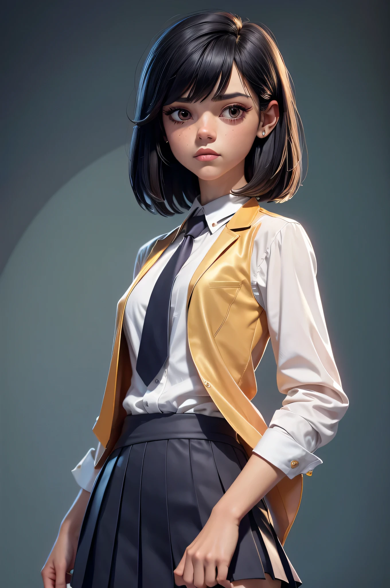 Jenna Ortega, 16 years, gynoid physics, (One:1.1), Jenna Ortega, perfect face, (((night skirt suit))), (((pleated school miniskirt))), (((night color jacket))), (((Silk tie))), Windsor tie, (((White shirt))), shirt under vest, cup size three, (((Night color miniskirt with 1 horizontal gold stripe))), (((night color vest))), One focus, fully dressed, elegantly dressed, Grumpy expression, closed mouth, short hair, straight bangs, long bangs, Hair parted in the middle, black hair, Dark brown eyes, beautiful detailed eyes，bright students，（very good and beautiful), (Beautiful and detailed description of the eyes), [[gentle fingers and hands:0.55]::0.85], (detail fingers), Facing the camera, (Background with：school corridor，mystical atmosphere), (Illustration, cartoon, Masterpiece, very detailed, Best quality，cinematic lighting，muted colors, detailed background, A high resolution)