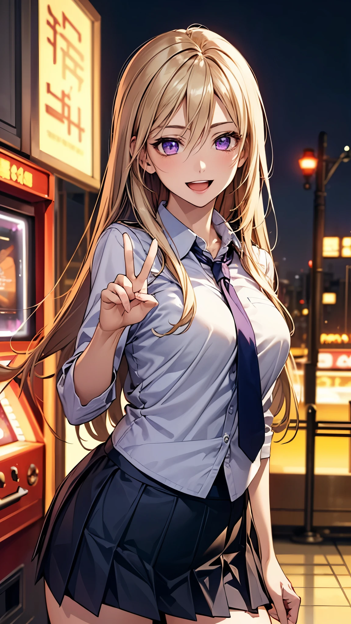 (masterpiece:1.2, top-quality), (realistic, photorealistic:1.4), beautiful illustration, (natural side lighting, movie lighting), ,
(looking at viewer), 1 girl, japanese, high school girl, perfect face, cute and symmetrical face, shiny skin,
(long hair:1.5, straight hair:1.7, blond hair), hair between eyes, purple eyes, long eye lasher, (large breasts:0.6), five fingers,
beautiful hair, beautiful face, beautiful detailed eyes, beautiful clavicle, beautiful body, beautiful chest, beautiful thighs, beautiful legs,
((light purple collared shirt, navy pleated skirt)), dark purple tie,
(beautiful scenery), evening, amusement arcade, (peace sign, lovely smile, upper eyes, open mouth),