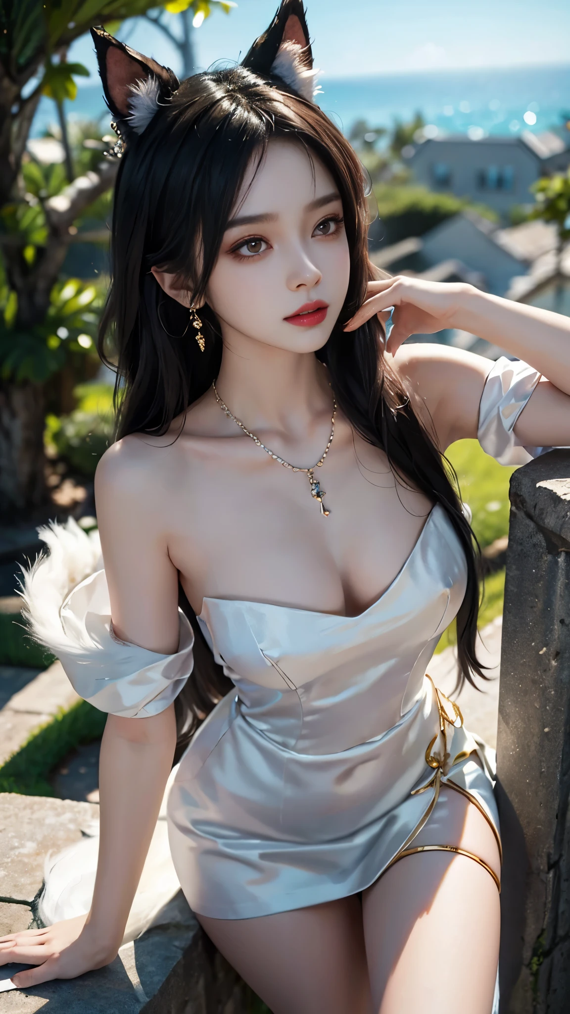 Ahri_Cosplay, White Tails, Black long hair, yellow eyes, ((whole body)), ((from below)), Yushuxin,1 girl,alone, ((stand up, leaning on ledge)), ((lean forward)), ((The features are clear, clear face, clear face)), ((bare shoulders)),red lips, cosmetics, close-up, elegant姿势, seductive pose, Perfect Curve, Slim, Sexy, big breasts, split, beautiful legs, charming gaze, bite lip, messy long hair, Simple and casual scene, Very detailed, Ultra-clear, best quality, official art, exquisite earrings, exquisite necklace, Very detailed description, Super beautiful painting, Sophisticated functionality, elegant, beautiful, Super fine details, masterpiece, Authentic texture, Realistic movie lighting, masterpiece, best quality