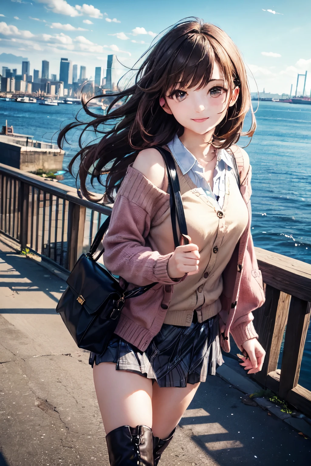 very cute and beautiful girl,teen,(highly detailed beautiful face),(gray blouse),(smile),
cowboy shot,(red cardigan:1.2),long sleeve BREAK zettai ryouiki,(brown shoulder bag),(plaid brown mini skirt:1.3),
walking,stylish pose,wavy hair,black hair,(black boots),
(Yokohama:1.2),(port town,cityscape overview:1.2),detailed landscape,
(best quality,masterpiece:1.2),absurdres,highres,ultra-detailed,extremely detailed,32k,8k resolution,
intricate details,cinematic scene,detailed background,solo,dynamic angle,
hair fluttering in the wind,beautiful detailed sky,(realistic),
