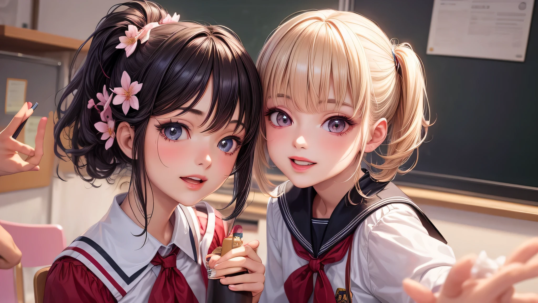 (2 girls:1.2), incredibly beautiful face, compensate, lipstick, enchanting smile, (school uniform, mini skirt:1.2), (highest quality: 1.4), (Super detailed), (highest quality:1.4), (super detailed), evening, (anime illustration), very high resolution, (Upper body), close up face, cherry blossoms, (School, classroom), School anime,  anime illustration,