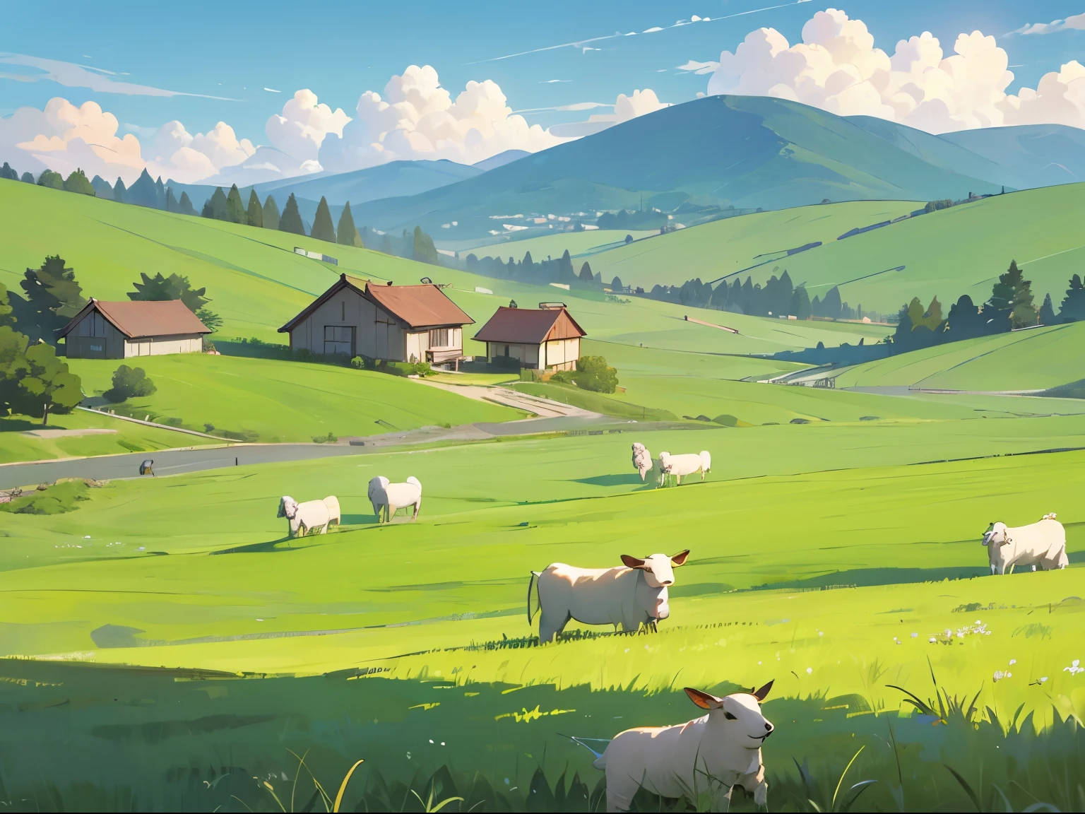outdoor，forest，grassland，cattle and sheep，Small house，clouds。Overall brightness is bright