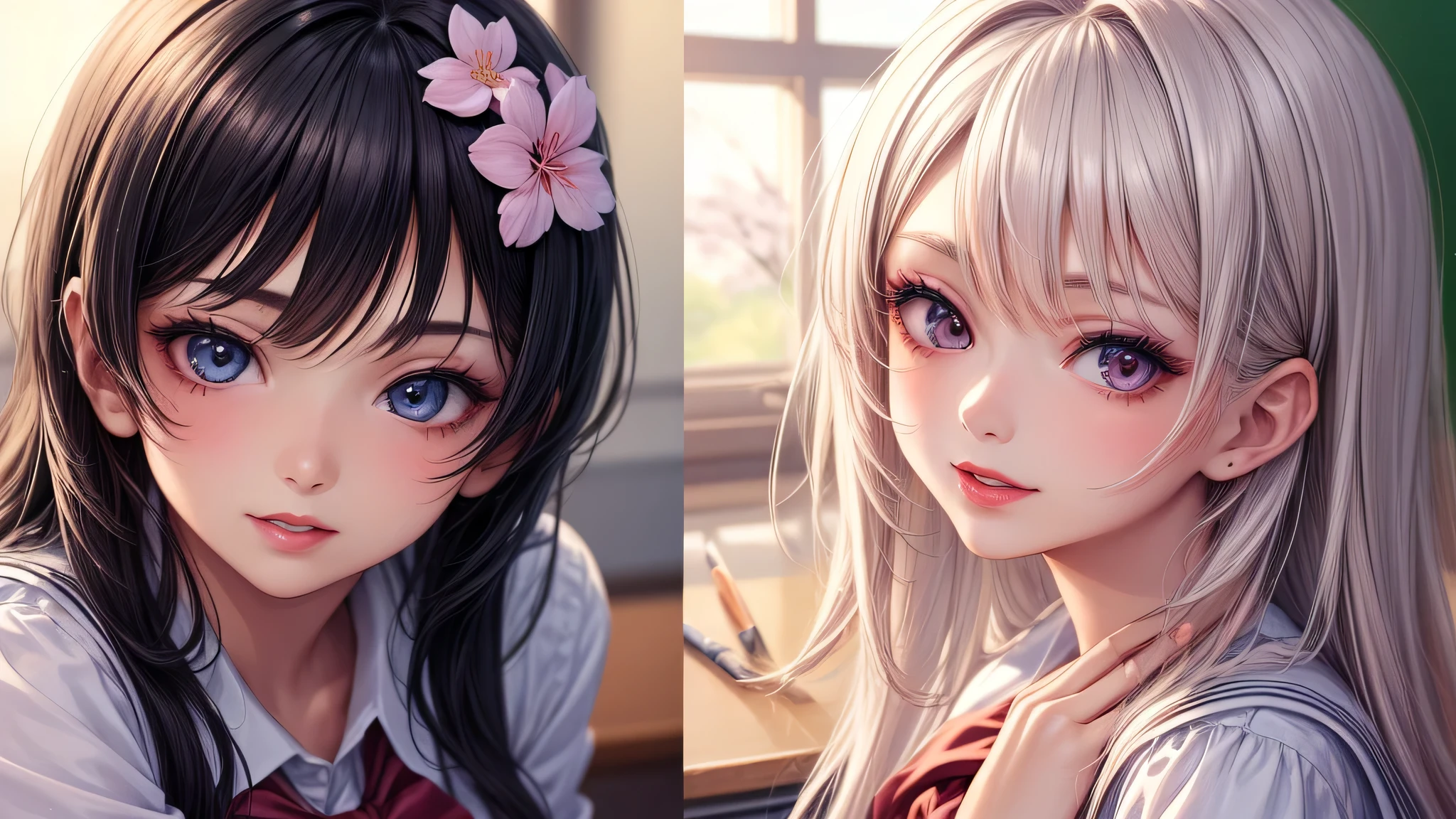 (2 girls:1.2), incredibly beautiful face, compensate, lipstick, enchanting smile, (school uniform, mini skirt:1.2), (highest quality: 1.4), (Super detailed), (highest quality:1.4), (super detailed), evening, (anime illustration), very high resolution, (Upper body), close up face, cherry blossoms, (School, classroom), School anime, anime illustration,