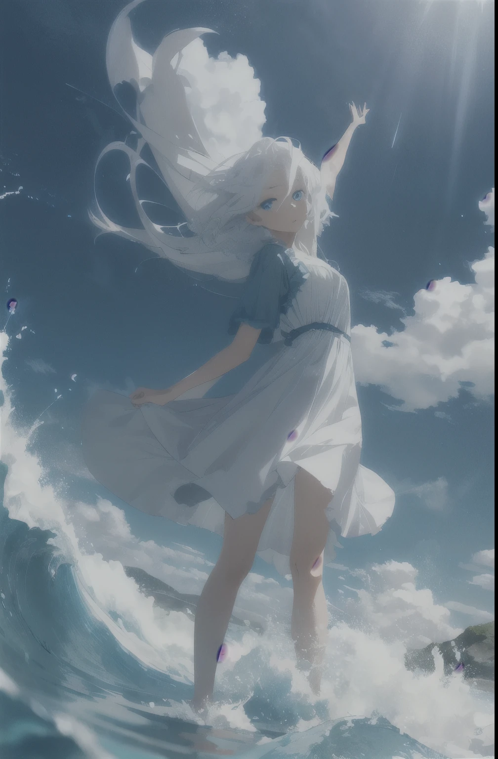 [(Cloud background: 1.5),::5](Isometric: 1.0), 1 girl, medium shot, full body, ocean, waves, splash, sky, light particles, night, starry sky, sea and sky, dawn, white hair, blue eyes, long hair, tender white skin