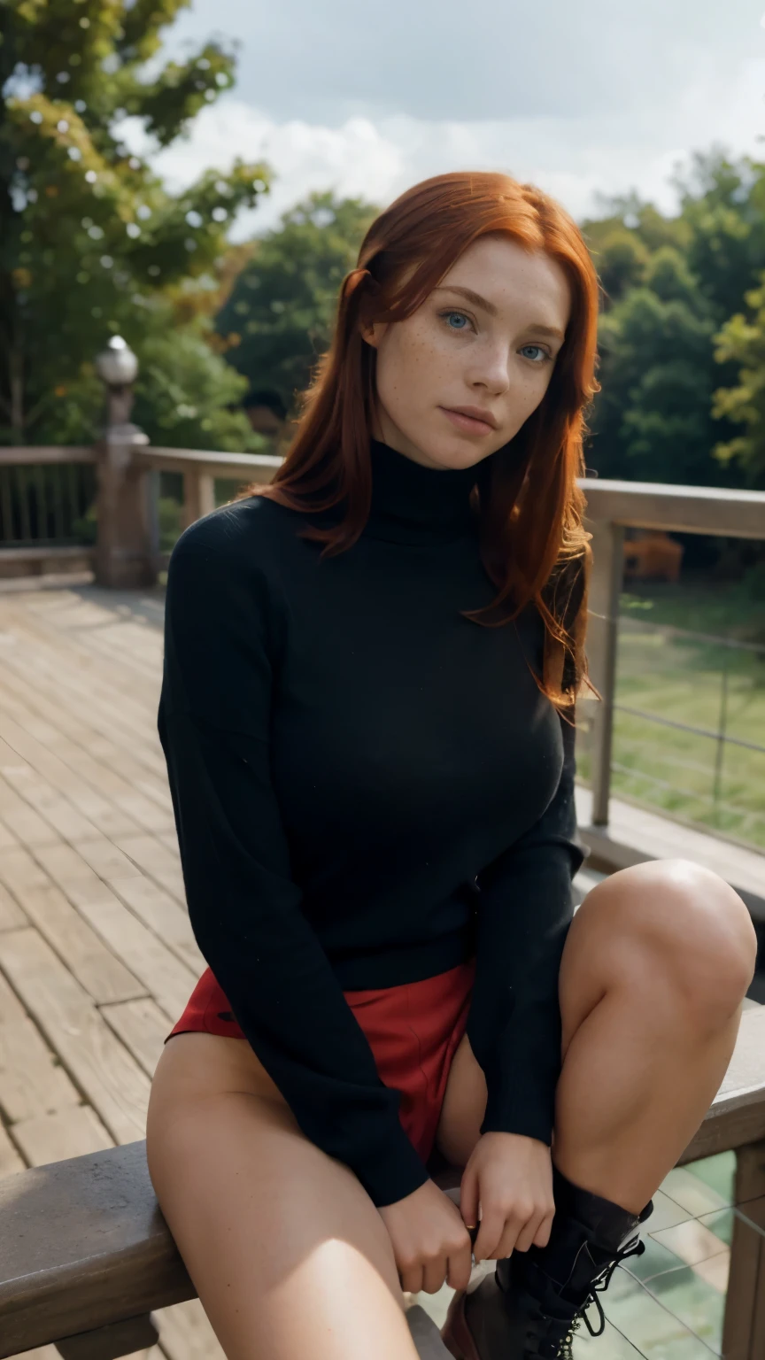 1 Girl, 24 years old, (bright red hair:1.3), shoulder length hair, freckles, blue eyes, photo (photorealism:1.4), realistic anatomy, medium breasts, sitting along the railing in a random color sweater and black boots, upskirt , in a red turtleneck sweater, perfect pose, casual pose, attractive pose, shot from below, thoughtful pose, full-length shot, striking pose, cinematic full shot, very artistic pose, voluminous sleeves, cool pose, sitting on a very elevated railing , only the far knee is raised along the railing, and the leg closest to the viewer is hanging, no pants, under the skirt, strong focus on the lower side of the thighs, the viewer is positioned at a very low angle, massive cleavage,