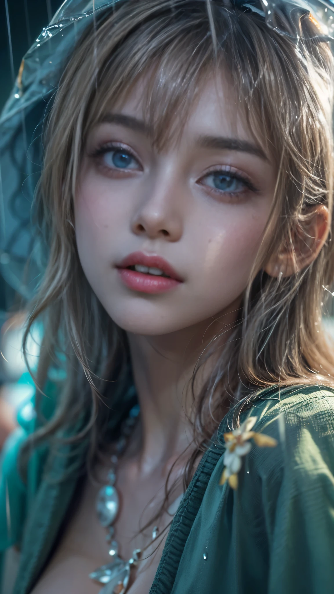 (RAW shooting, Photoreal:1.5, 8k, highest quality, masterpiece, ultra high resolution), perfect dynamic composition:1.2, night, look up at the sky:1.3, (((Typhoon heavy rain))), Highly detailed skin and facial textures:1.2, Slim high school girl wet in the rain:1.3, sexy beauty:1.2, perfect style, beautiful and aesthetic, Fair skin, very beautiful face, (rain drips all over my body:1.2, wet hair, wet clothes:1.1, water droplets on the skin), (Medium chest, Chest gap), (embarrassing smile, The expression on your face when you feel intense caress, Facial expression when feeling pleasure), (Wearing sexy costumes:1.2), (beautiful blue eyes, Eyes that feel beautiful eros:0.8), (Too erotic:0.9, Bewitching:0.9), full body shot