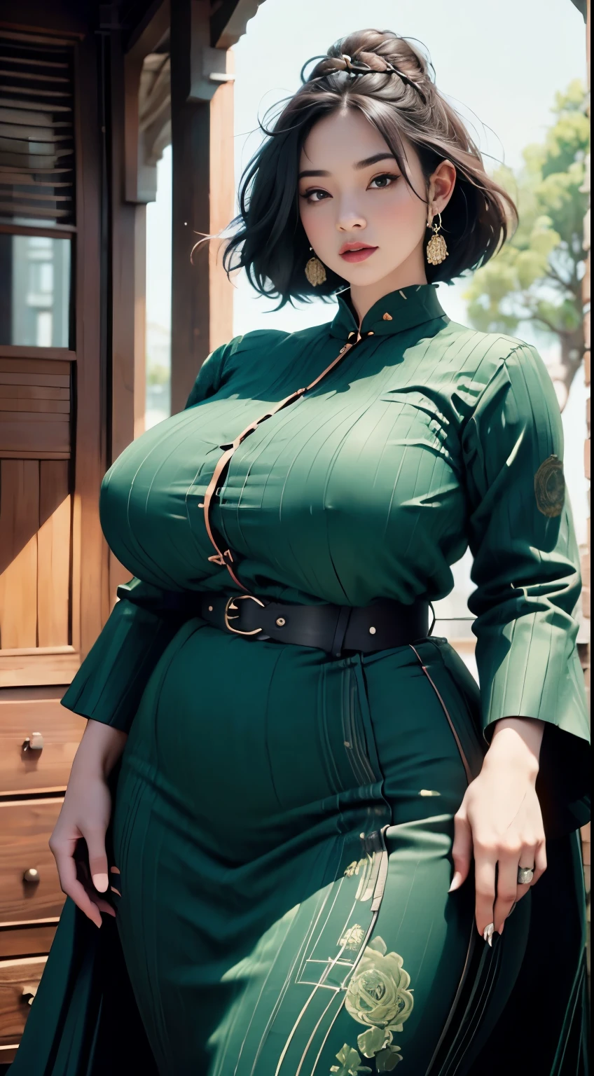 1girl, huge breast, wavy black short hair, green eyes,high quality, ultra detailed, masterpiece, realistic, gamis clothes,braid,standing, slightly fat arms , slightly fat belly , chubby cheeks 