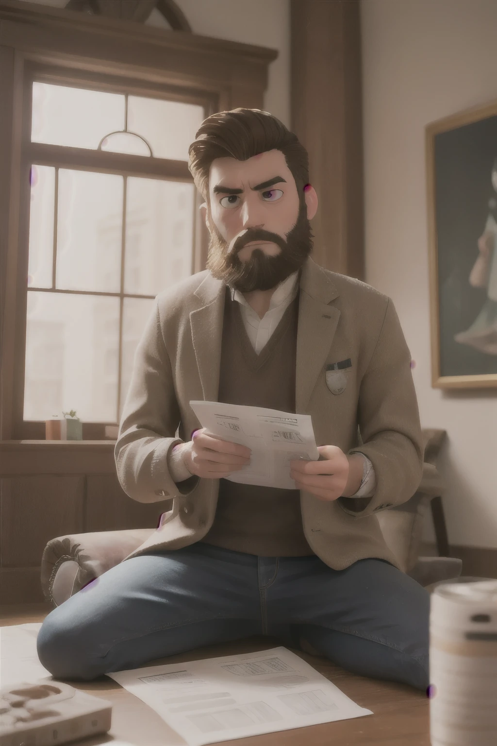 ((best quality)), ((work of art)), (detailed), perfect face bearded brunette man sitting in his living room with a sad facial expression looking at his house bills 