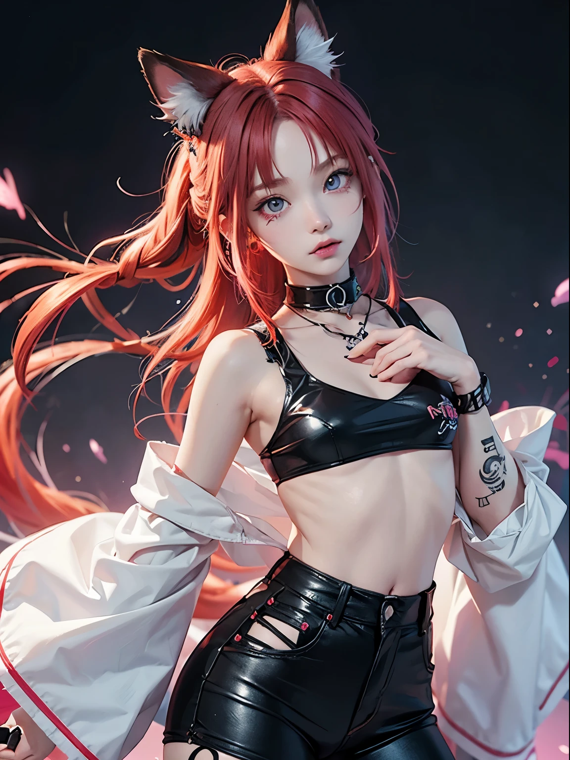 Male 1, neon red hair, moonlight eyes, fox ear, tattoo sleeves and piercings ((Anime style)), Harajuku-inspired hip-hop clothing, soft colors, neon paint splattered background, Soft stroke