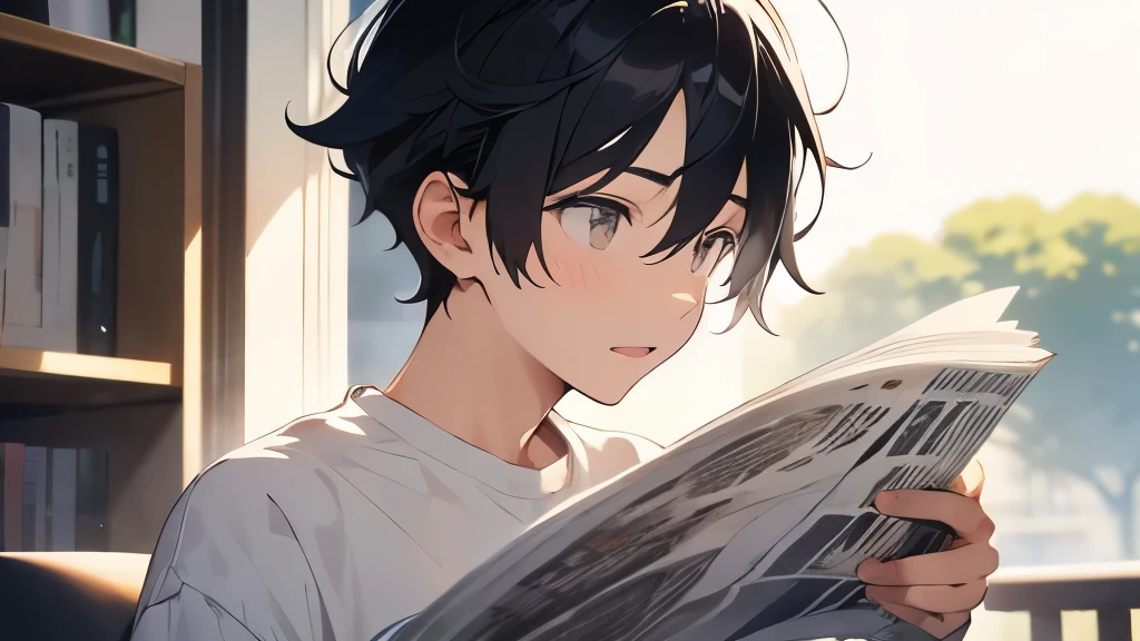 Male 24 years old、hair is black、short hair、Otaku-like、surprised face、Reading a newspaper
