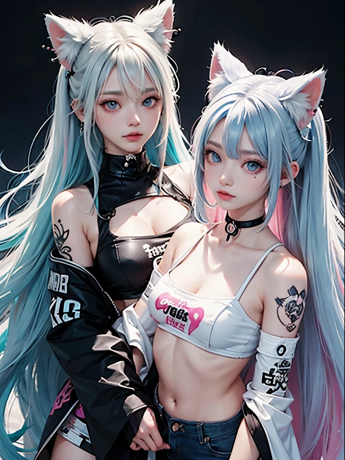 2 girls, neon white hair, moonlight eyes, fox ear, tattoo sleeves and piercings ((Anime style)), Harajuku-inspired hip-hop clothing, soft colors, neon paint splattered background, Soft stroke