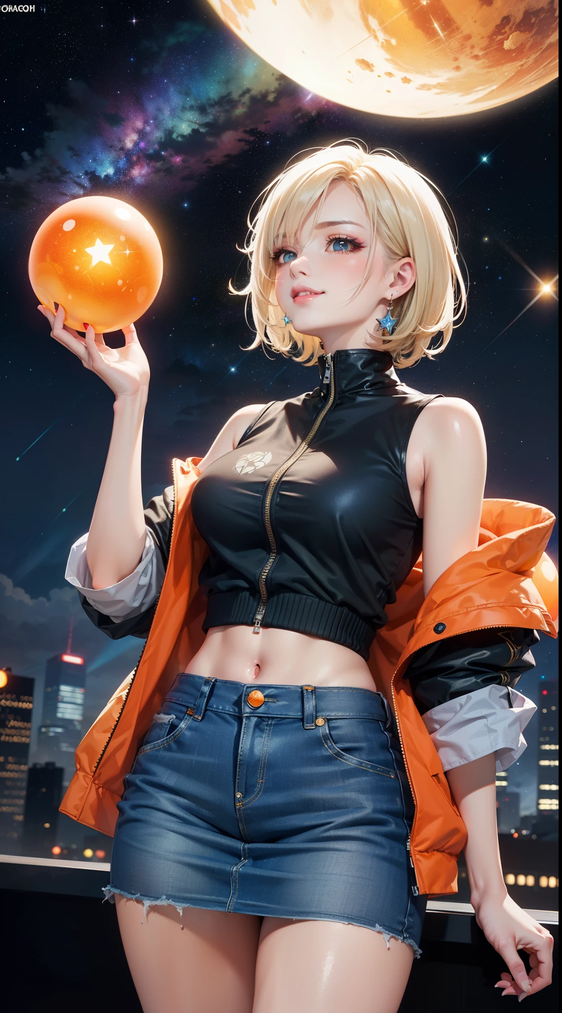 (masterpiece), the best quality, reflection light, ray tracing, Ultra-Wide Angle, expressive eyes, perfect face, (beautiful elegance woman cosplay costume), from Dragon Ball Z, android 18 cosplay costume, cosplay girl, (holding a Dragon Ball), dragon balls, (Dragon Ball(The Dragon Ball is a clear orange sphere with a star inside glowing and shining)), (smirk), luxury, (platinum blonde hair, colored inner hair, short hair), aqua eyes, (Arrogant demeanor, Chin up slightly, arrogant look), light makeup, costume((Sleeveless jacket, Jean, blue, open front, cropped, skirt)), hourglass body shape, professional, Extremely aesthetic, (immersive), (cool), stylish, Extremely detailed realistic clothing, ((twilight, starry sky, galaxy sky, Clouds and fog, skyline, horizon, beautiful sky, cloud, high quality, high details background)), ray tracing, colorful fantasy art style, high quality detailed art, fantasy mixed with realism, detailed face, glossy lips, eyeshadow, lipstick, orange and blue colors schemes, Ultra-Wide Angle, ray tracing, (colorful), colorful light, particles, heterochromia, lens flare, bioluminescent