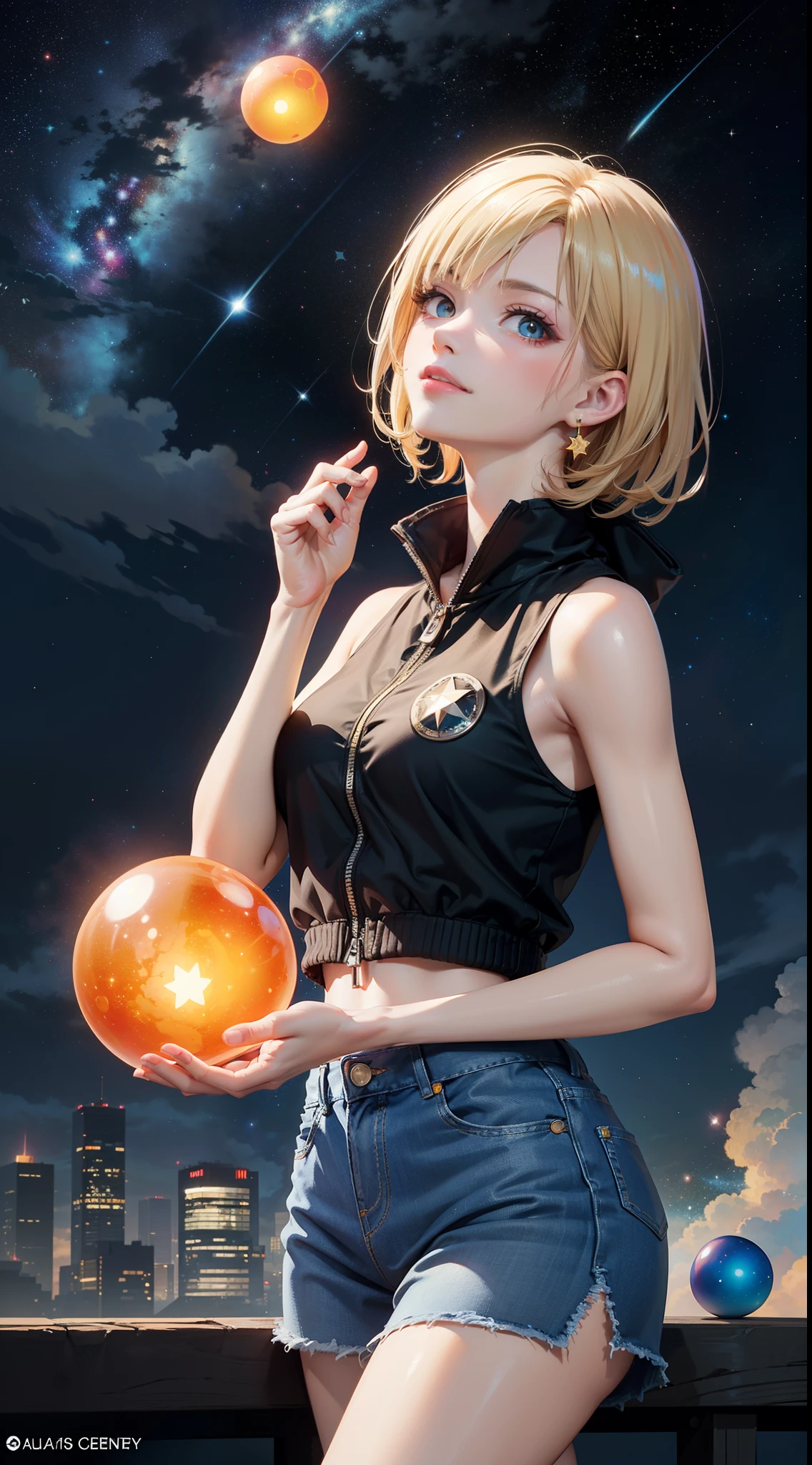 (masterpiece), the best quality, reflection light, ray tracing, Ultra-Wide Angle, expressive eyes, perfect face, (beautiful elegance woman cosplay costume), from Dragon Ball Z, android 18 cosplay costume, cosplay girl, (holding a Dragon Ball), dragon balls, (Dragon Ball(The Dragon Ball is a clear orange sphere with a star inside glowing and shining)), (smirk), luxury, (platinum blonde hair, colored inner hair, short hair), aqua eyes, (Arrogant demeanor, Chin up slightly, arrogant look), light makeup, costume((Sleeveless jacket, Jean, blue, open front, cropped, skirt)), hourglass body shape, professional, Extremely aesthetic, (immersive), (cool), stylish, Extremely detailed realistic clothing, ((twilight, starry sky, galaxy sky, Clouds and fog, skyline, horizon, beautiful sky, cloud, high quality, high details background)), ray tracing, colorful fantasy art style, high quality detailed art, fantasy mixed with realism, detailed face, glossy lips, eyeshadow, lipstick, orange and blue colors schemes, Ultra-Wide Angle, ray tracing, (colorful), colorful light, particles, heterochromia, lens flare, bioluminescent