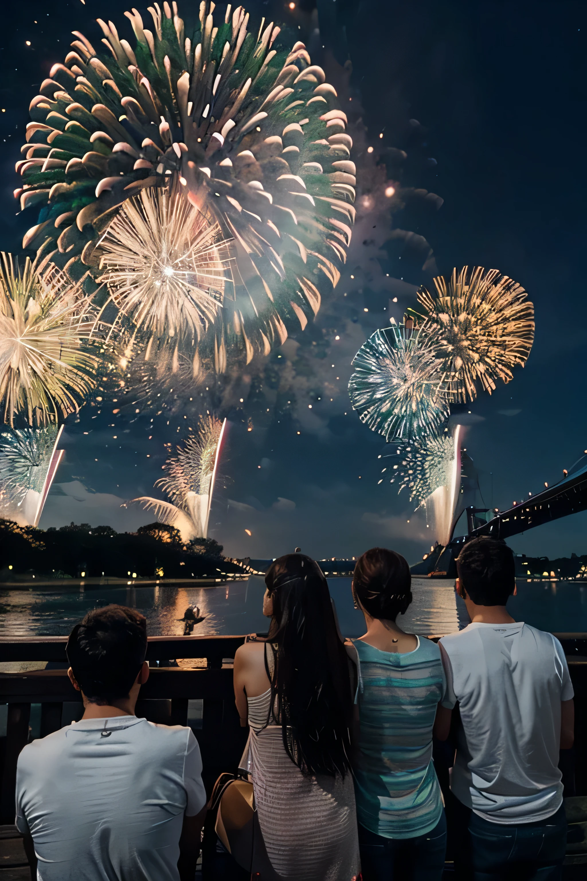 Generate an image of people watching fireworks.





