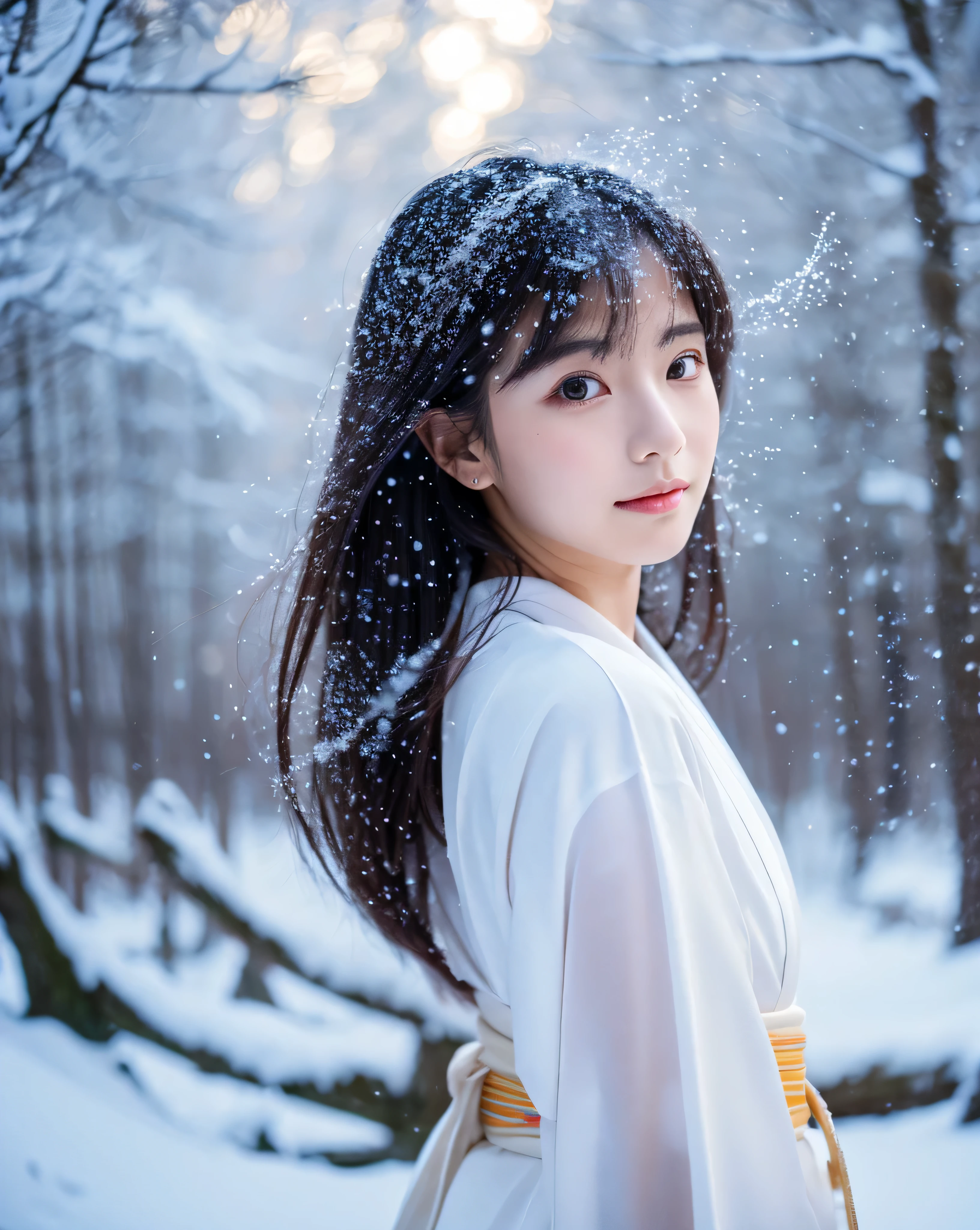 (highest quality, 8k, High resolution, masterpiece:1.5, ), beautiful japanese woman, snow girl, 20-year-old, perfect human anatomy, big magic eyes, High resolutionの黒い瞳, dignified expression, Beautiful, intricately messy black hair, shiny long hair, asymmetrical bangs, smooth white skin, ((Simple white kimono)), fine silk fabric, (sparkling snow effect:1.3), ((Blizzard)), dark forest, professional lighting, professional photographer, professional model