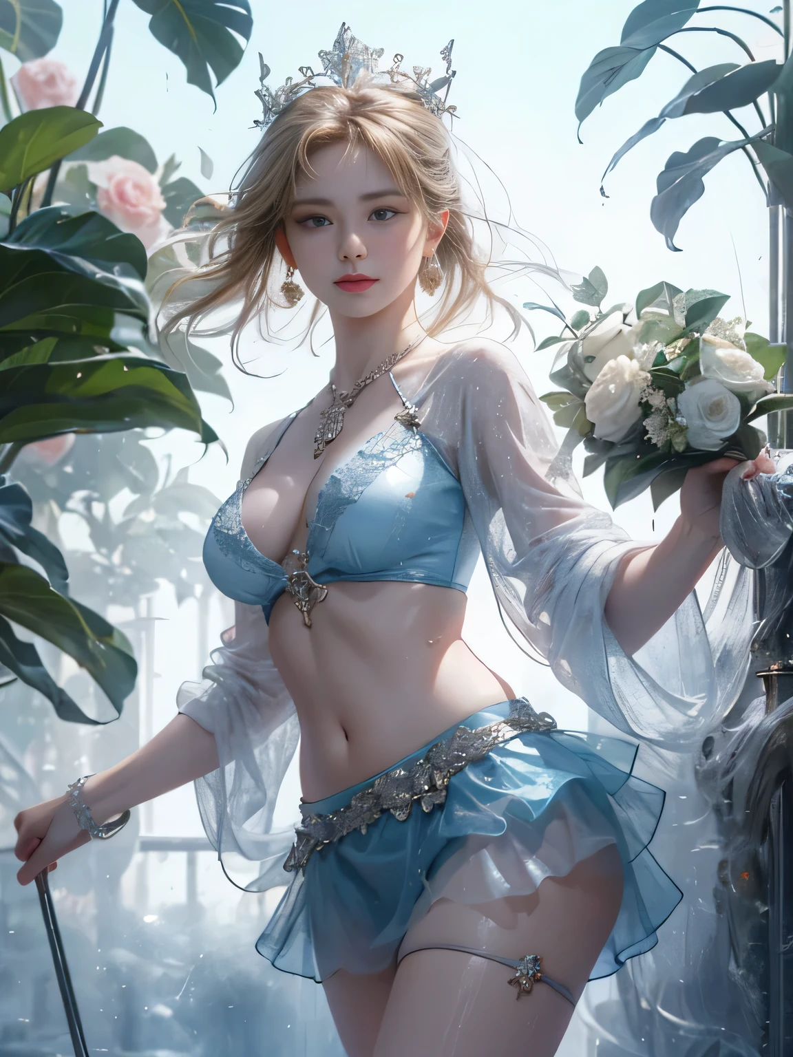 (8k extremely detailed CG unit wallpaper),(best qualtiy),(Best Illustrations),(Best Shadow), (detail: 1.4), 。.。.。.。.。.。.。.3D, nffsw(High dynamic range), light tracing, NVIDIA RTX, Hyper-Resolution, Sub-surface scattering, PBR Texture, Post-processing, Anisotropy Filtering, depthoffield, Maximum sharpness and acutance, Multilayer Texture, Albedo e mapas Speculares, Surface Coloring, Accurate simulation of light-material interactions, Perfectly proportioned, octane renderings, Two-tone illumination, Wide aperture , Low ISO,White Balance,trichotomy,8K Raw,intricate-detail, delicate patterns, deep-shadows, masterpiece, Lifelike, Roughness, A hyper-realistic, photographed in a Canon EOS R5, 50mm Lens, F/2.8, Sharp Focus, Smoothing, Roughness, Real life, photorealistc, Cinematography, 8K UHD,in flower field,Blue Flower Girl,1 girl,solo,European,Beautiful bride,lightsmile,Highly detailed blonde hair,maturefemale,Sky Blue Gossamer Veil,Sky blue gossamer cloak,Sky blue Gossamer coat,Sky blue gossamer skirt,Sky blue lace underwear,Sky Blue Lace,Sky Blue Gossamer Gloves,gargantilha,earrings,jewely,trinkets,Head dress,Hand ornaments,leg ornaments,high-heels,small breastini breasts,little boob,nice breasts,smallbreasts,nice breasts,Expose your breasts,uncovered breasts,Narrow waist,Bare ass,ass large,Bare belly,Bare navel,Wet,Wet body,sweating body,Shiny skin,