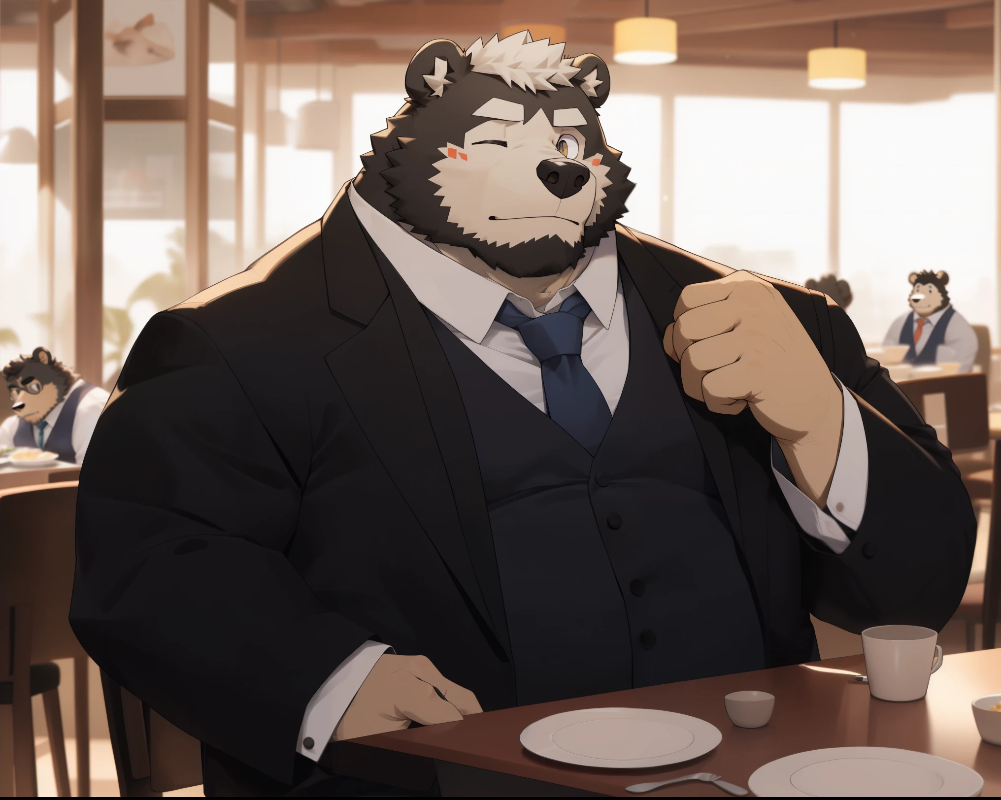 hairy,akita dog man,white fur,young,director,Suit,Bear,obvious secondary sexual characteristics,fat,cute expression,One eye is open and one eye is closed,Reaching for the chest pocket,style restaurant,Sit on a dining room chair,full-body shot,极其lifelike阴影,masterpiece,Very detailed,lifelike