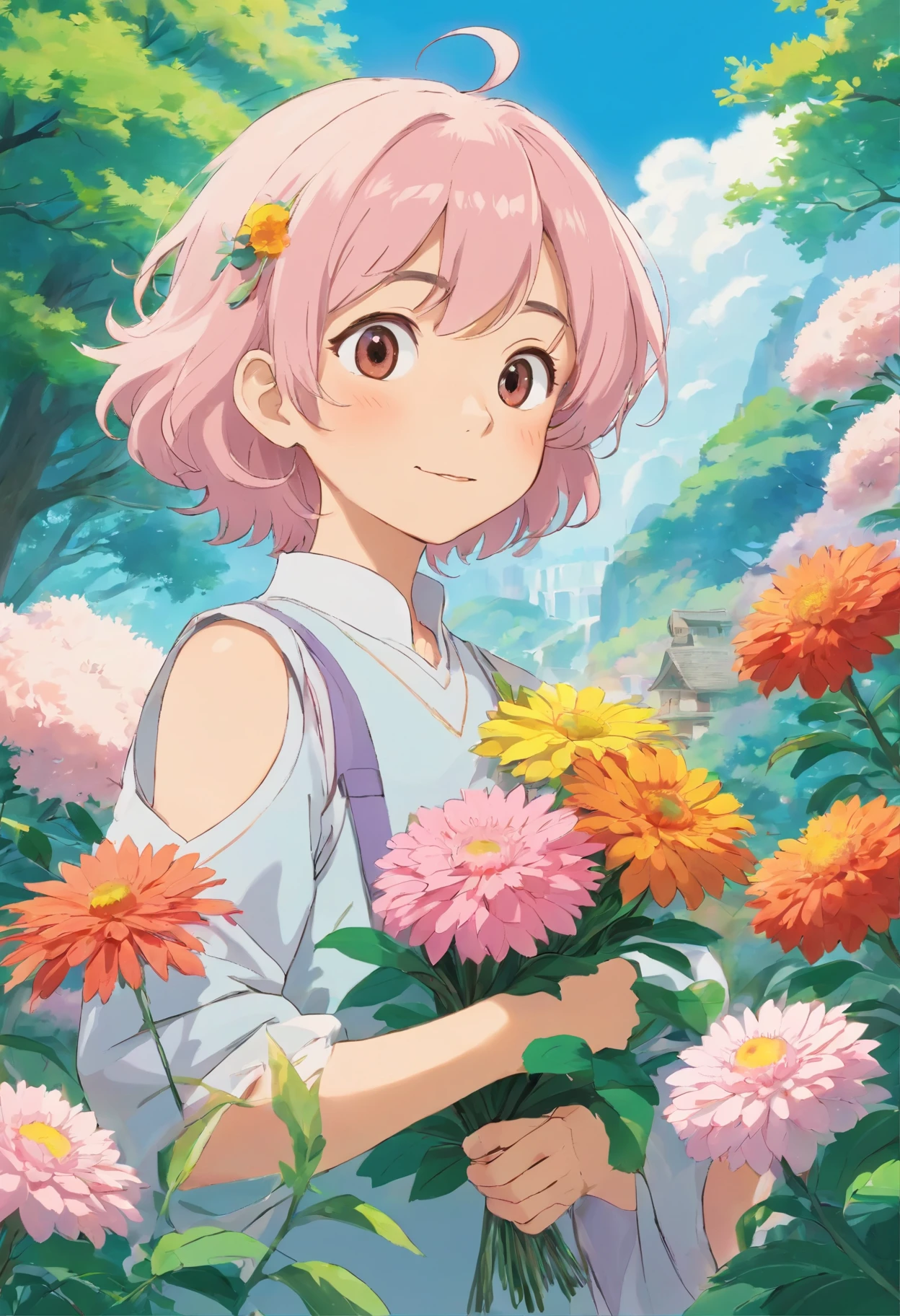 boy holding a bouquet of flowers，Pale pink curls，Hair tips to shoulders，under the sun，Part of the shade of the tree next to it falls on the boy，breath of sunshine，The boy smiled with his mouth wide open，The variety of flowers in the bouquet is very rich