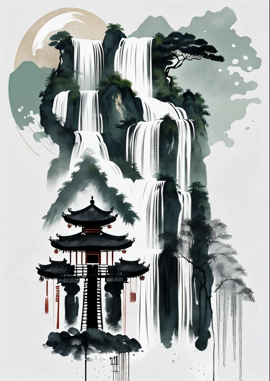 masterpiece，Chinese ink landscape painting，Waterfall，mountains