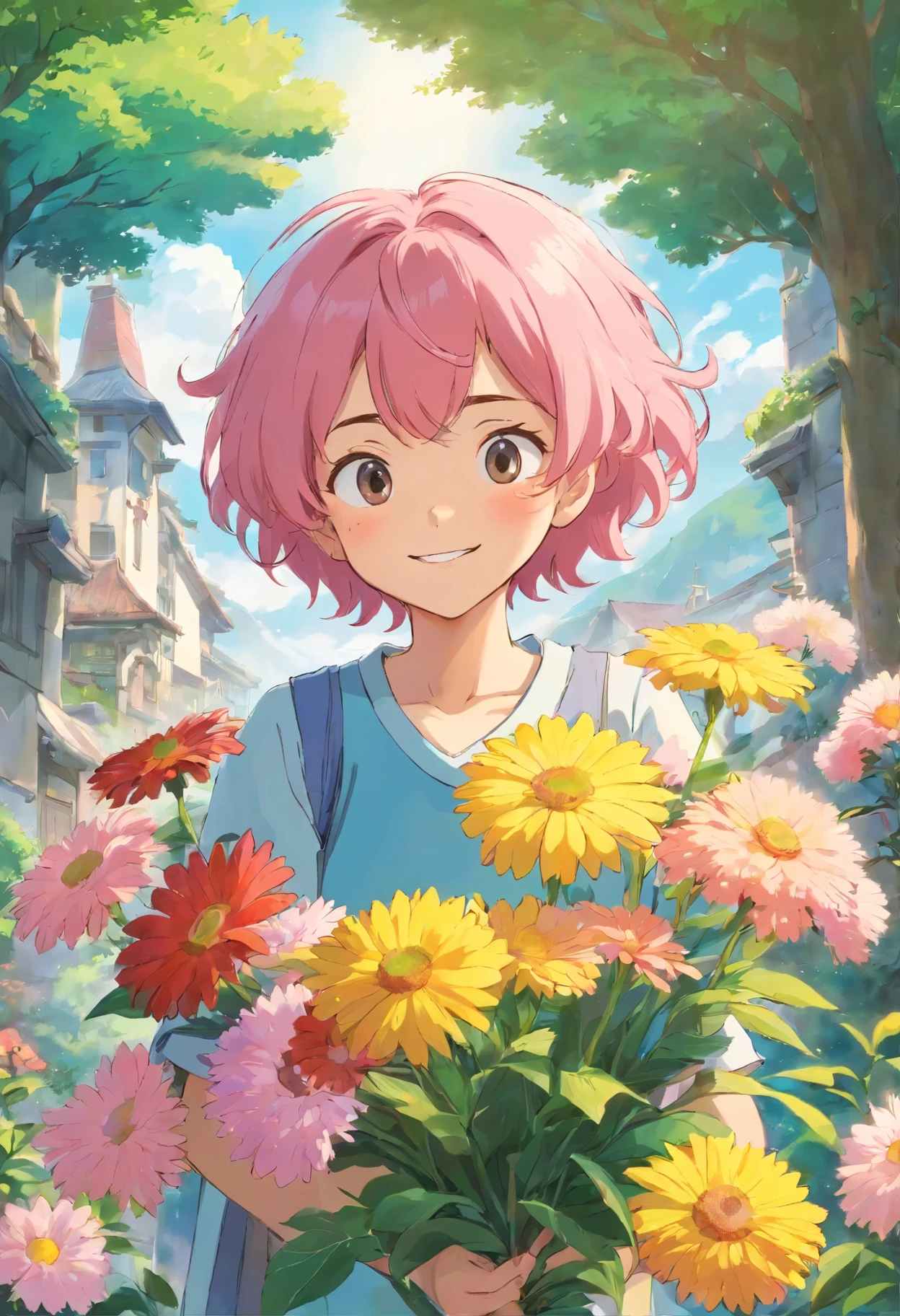 boy holding a bouquet of flowers,pink curly hair,Hair tips to shoulders,under the sun,Part of the shade of the tree next to it falls on the boy,breath of sunshine,The young man smiles with his mouth open,The variety of flowers in the bouquet is very rich