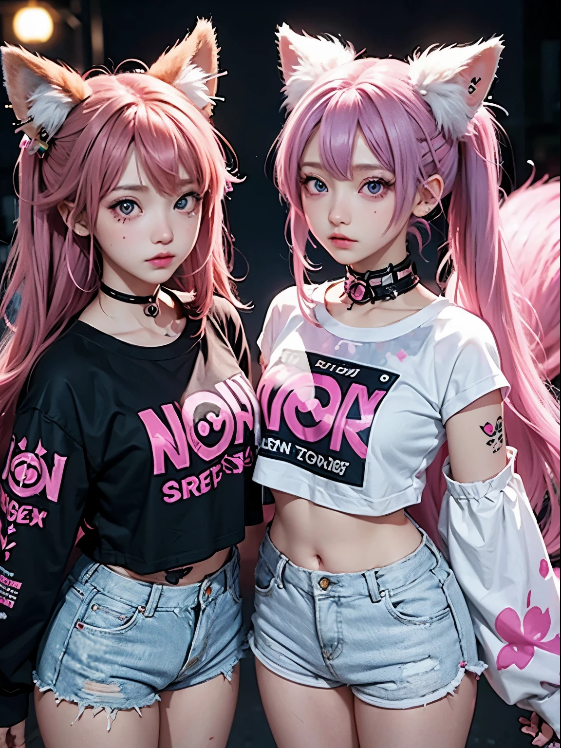 2 girls, neon pink hair, moonlight eyes, fox ear, tattoo sleeves and piercings ((Anime style)), Harajuku-inspired hip-hop clothing, soft colors, neon paint splattered background, Soft stroke