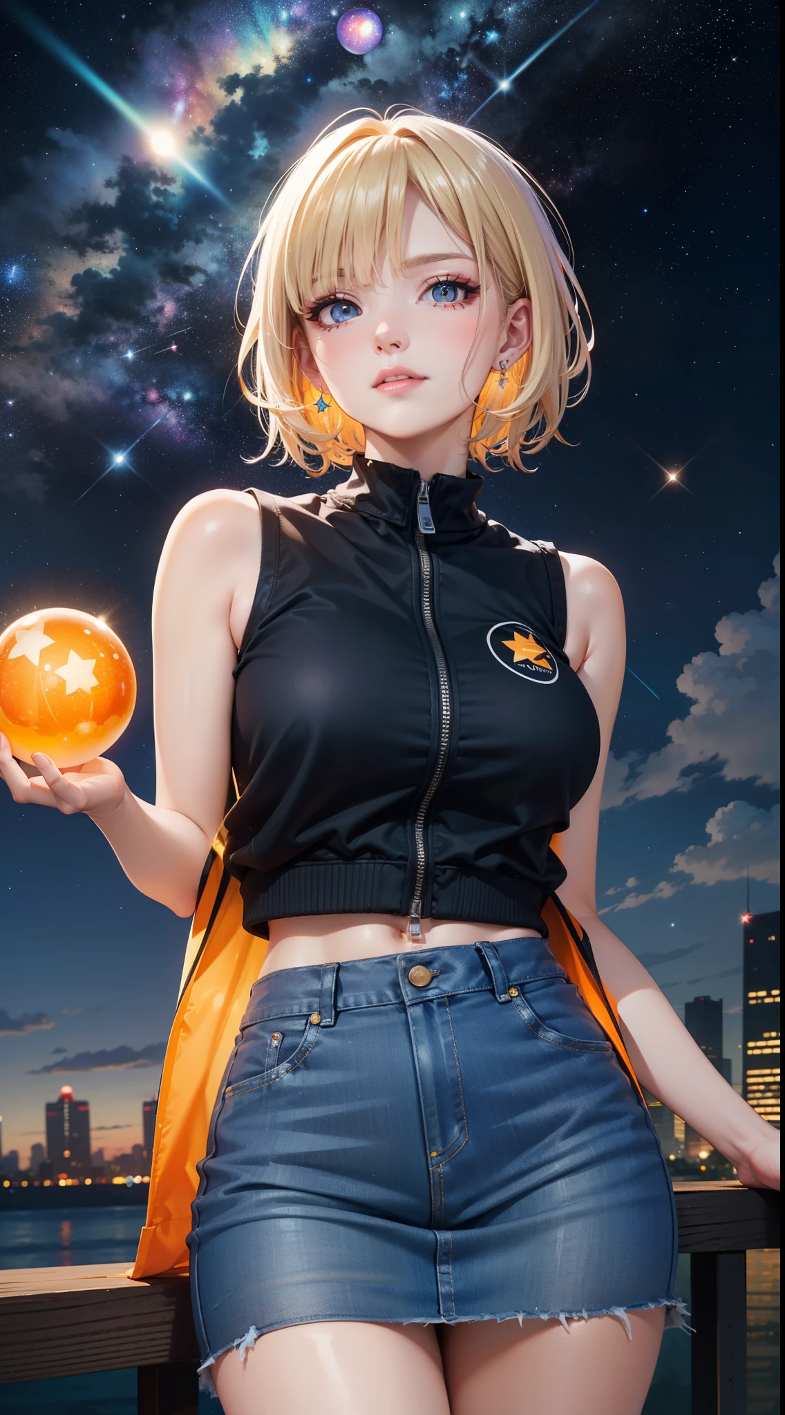 (masterpiece), the best quality, reflection light, ray tracing, Ultra-Wide Angle, expressive eyes, perfect face, (beautiful elegance woman cosplay costume), from Dragon Ball Z, android 18 cosplay costume, cosplay girl, (holding a Dragon Ball), dragon balls, (Dragon Ball(The Dragon Ball is a clear orange sphere with a star inside glowing and shining)), (smirk), luxury, (platinum blonde hair, colored inner hair, short hair), aqua eyes, (Arrogant demeanor, Chin up slightly, arrogant look), light makeup, costume((Sleeveless jacket, Jean, blue, open front, cropped, skirt)), hourglass body shape, professional, Extremely aesthetic, (immersive), (cool), stylish, Extremely detailed realistic clothing, ((twilight, starry sky, galaxy sky, Clouds and fog, skyline, horizon, beautiful sky, cloud, high quality, high details background)), ray tracing, colorful fantasy art style, high quality detailed art, fantasy mixed with realism, detailed face, glossy lips, eyeshadow, lipstick, orange and blue colors schemes, Ultra-Wide Angle, ray tracing, (colorful), colorful light, particles, heterochromia, lens flare, bioluminescent