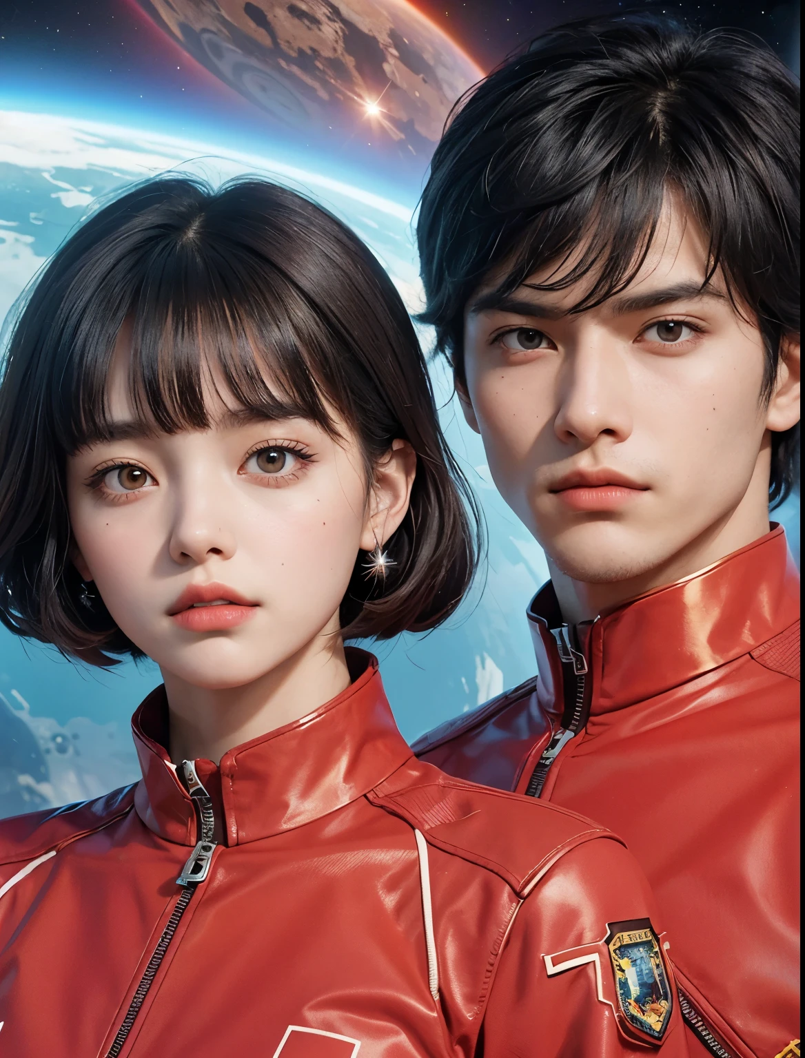 One handsome man and one beautiful woman. The two are in their early twenties. The two are looking at the camera with angry expressions. Both men are wearing red SS uniforms. Images of Mars and outer space appear in the space behind them.TThe man has his bangs down.he man has black hair and the woman has dark brown hair.