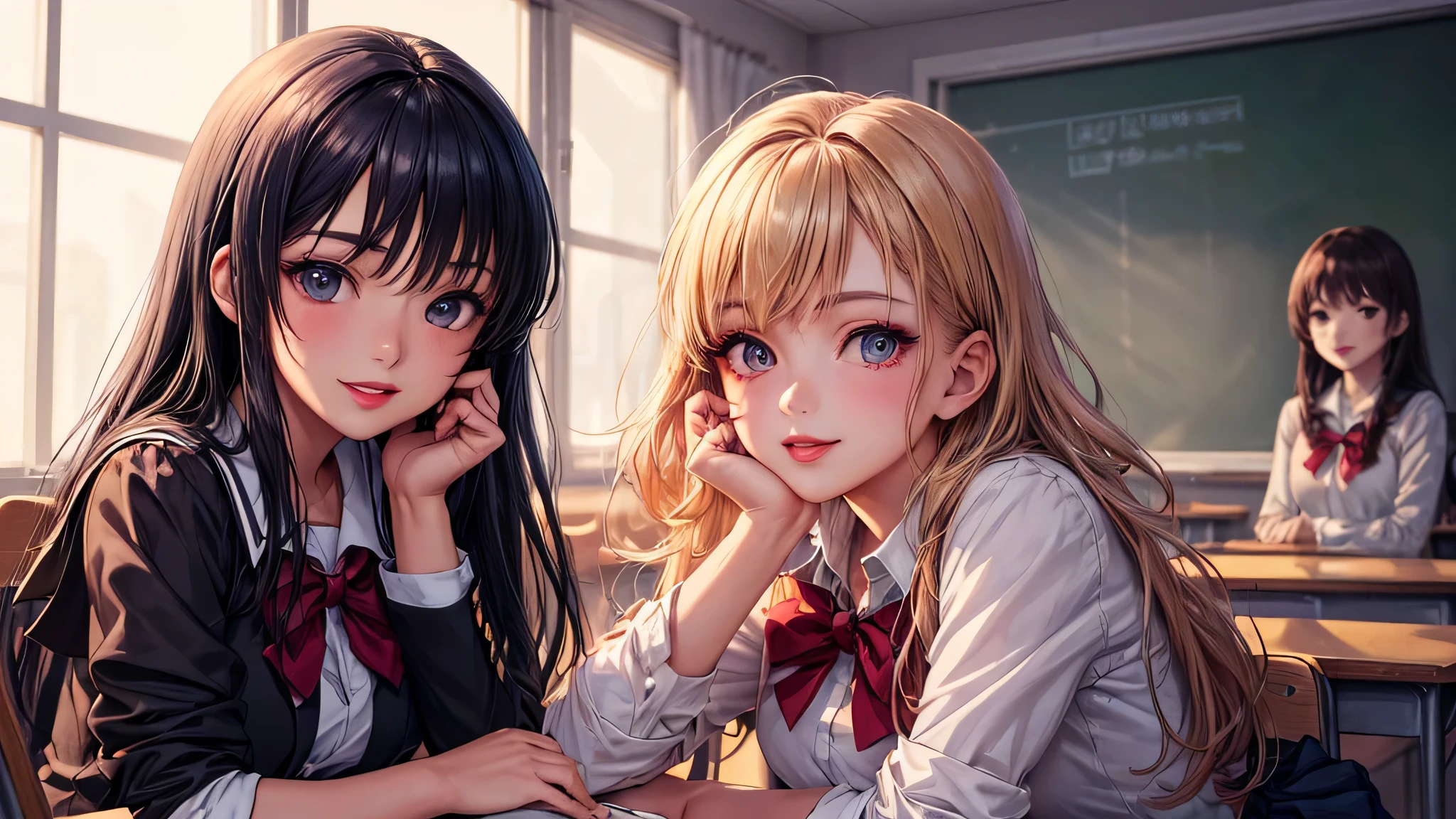(2 girls:1.2), incredibly beautiful face, compensate, lipstick, enchanting smile, (school uniform, mini skirt:1.2), (highest quality: 1.4), (Super detailed), (highest quality:1.4), (super detailed), evening, (anime illustration), very high resolution, (Upper body), close up face, (School, classroom), School anime, anime illustration,