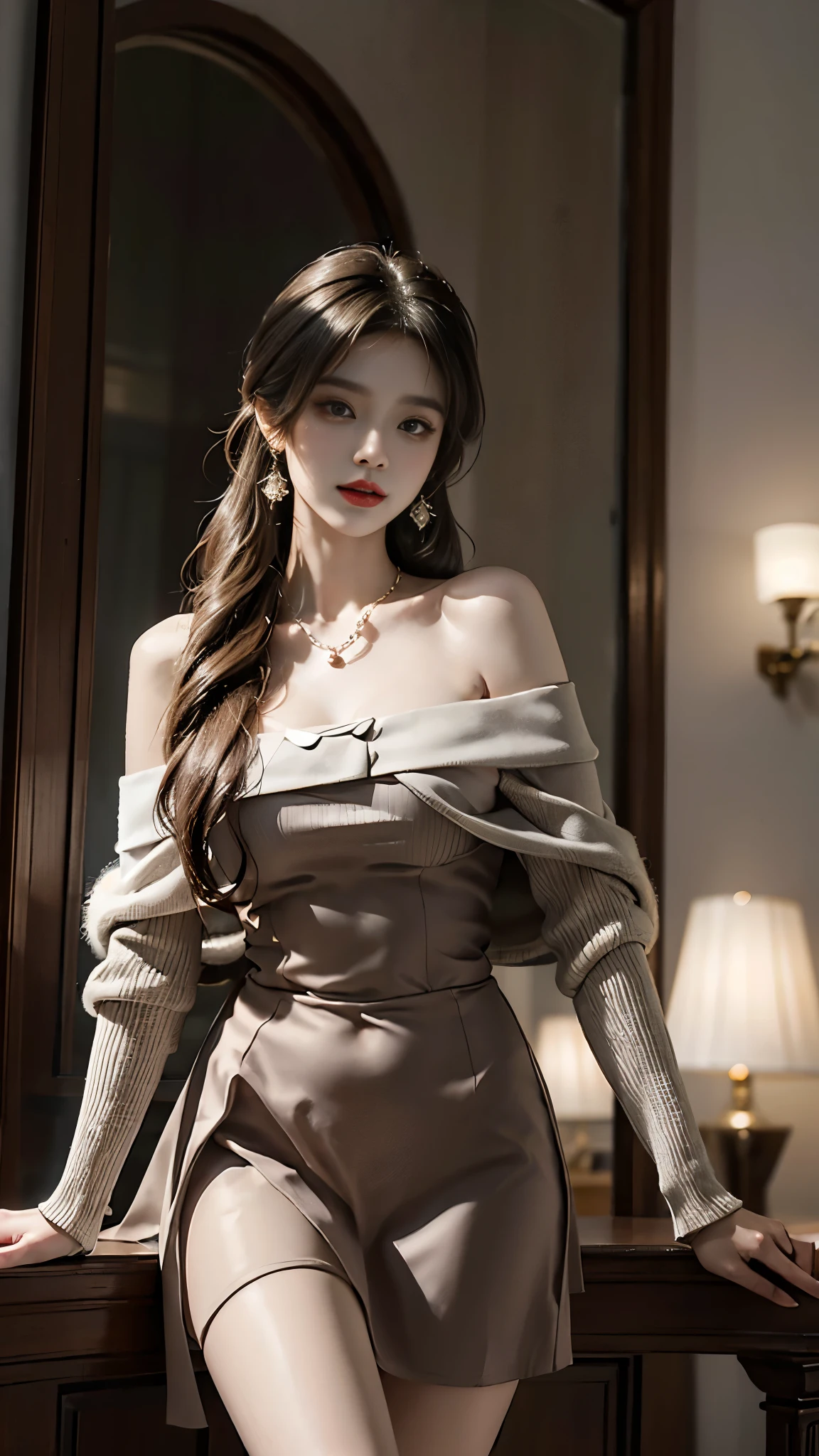 cyb skirt, long sleeves, capelet, wool ball scarf, scarf, ((whole body)), ((from below)), Yushuxin,1 girl,alone, ((stand up, leaning on ledge)), ((lean forward)), ((The features are clear, clear face, clear face)), ((bare shoulders)),red lips, cosmetics, close-up, elegant姿势, seductive pose, Perfect Curve, Slim, Sexy, big breasts, split, beautiful legs, charming gaze, bite lip, messy long hair, Simple and casual scene, Very detailed, Ultra-clear, best quality, official art, exquisite earrings, exquisite necklace, Very detailed description, Super beautiful painting, Sophisticated functionality, elegant, beautiful, Super fine details, masterpiece, Authentic texture, Realistic movie lighting, masterpiece, best quality