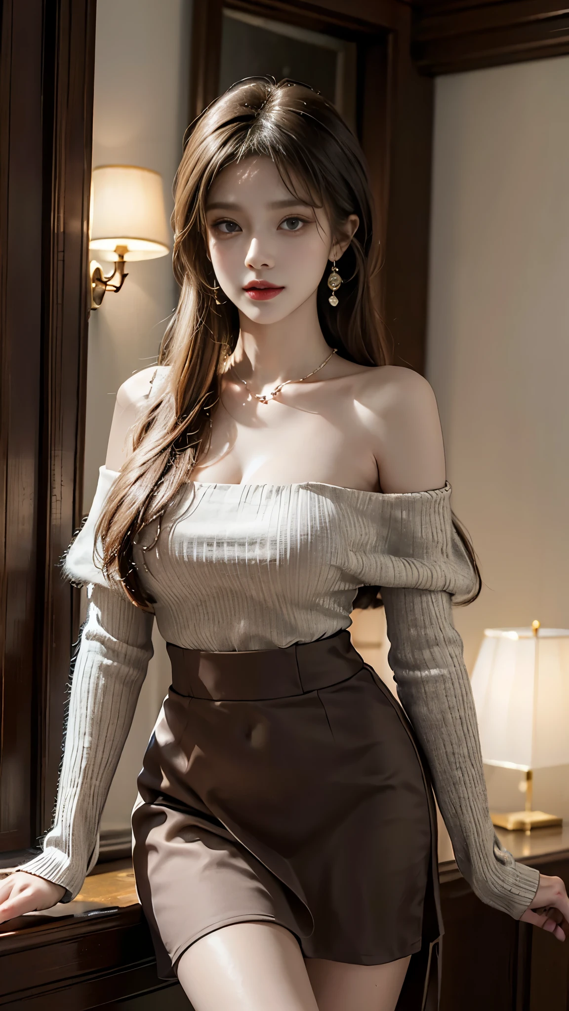 cyb skirt, long sleeves, capelet, wool ball scarf, scarf, ((whole body)), ((from below)), Yushuxin,1 girl,alone, ((stand up, leaning on ledge)), ((lean forward)), ((The features are clear, clear face, clear face)), ((bare shoulders)),red lips, cosmetics, close-up, elegant姿势, seductive pose, Perfect Curve, Slim, Sexy, big breasts, split, beautiful legs, charming gaze, bite lip, messy long hair, Simple and casual scene, Very detailed, Ultra-clear, best quality, official art, exquisite earrings, exquisite necklace, Very detailed description, Super beautiful painting, Sophisticated functionality, elegant, beautiful, Super fine details, masterpiece, Authentic texture, Realistic movie lighting, masterpiece, best quality