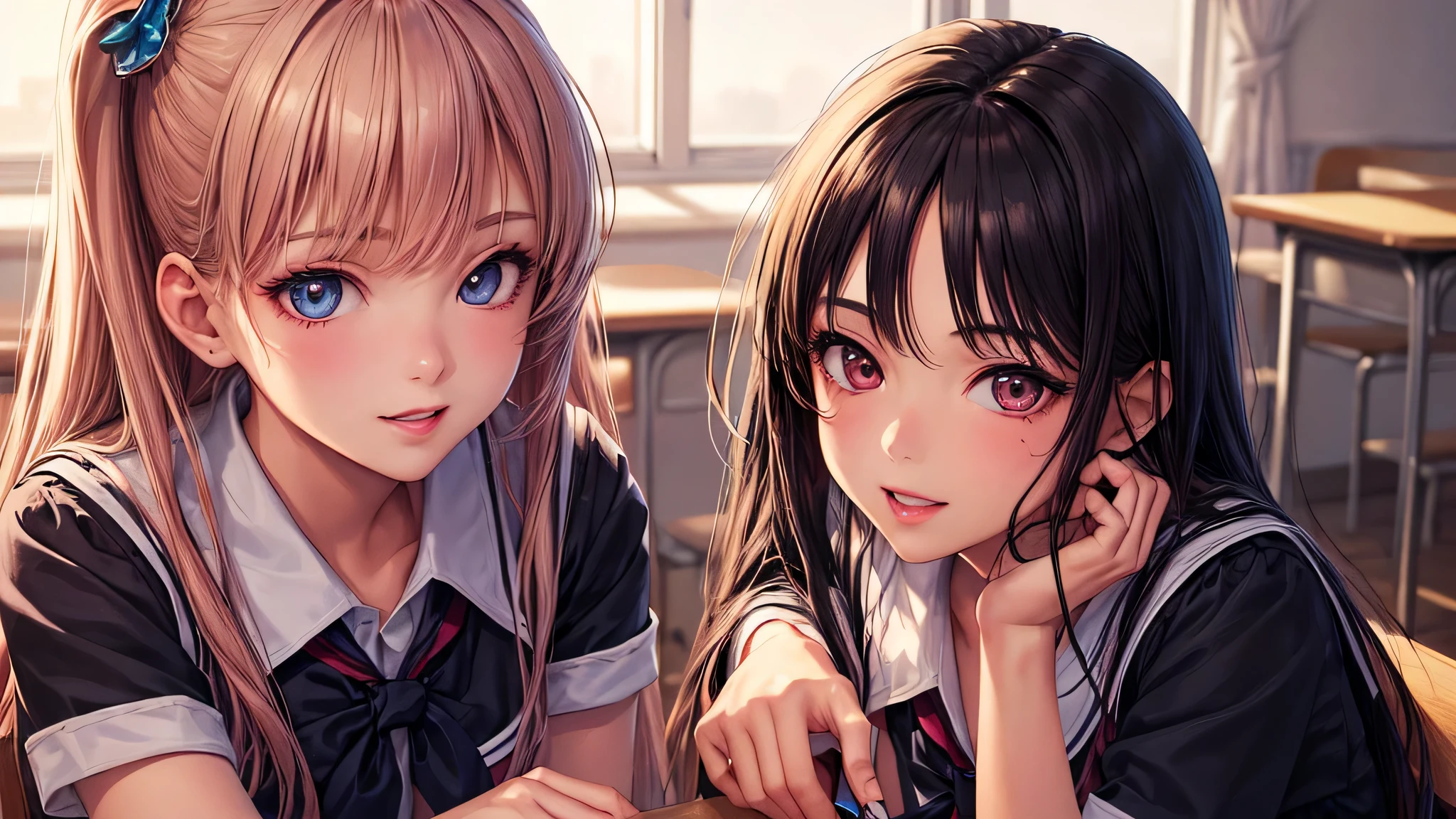 (2 girls:1.2), incredibly beautiful face, compensate, lipstick, enchanting smile, (school uniform, mini skirt:1.2), (highest quality: 1.4), (Super detailed), (highest quality:1.4), (super detailed), evening, (anime illustration), very high resolution, (Upper body), close up face, (School, classroom), School anime, anime illustration,