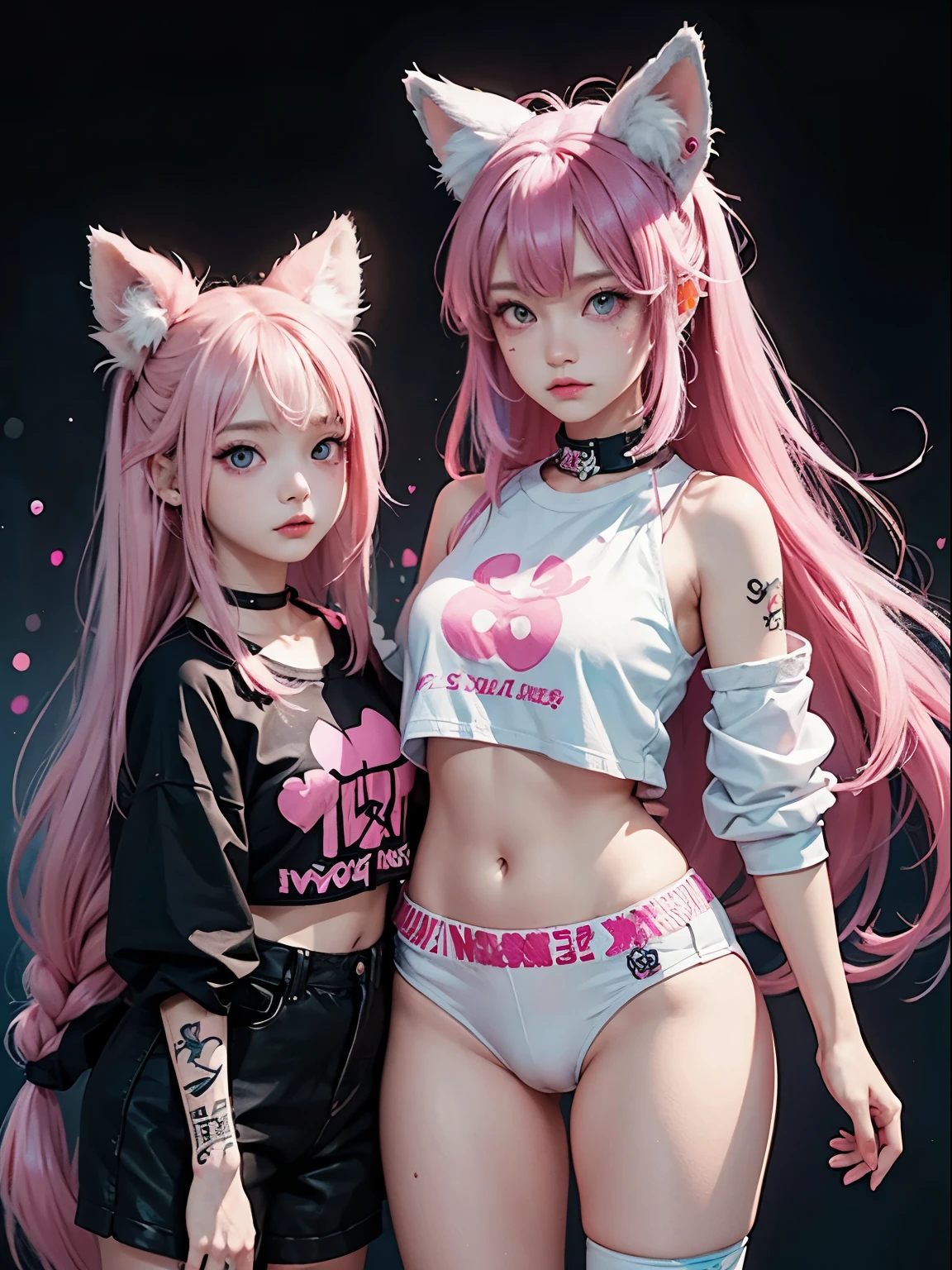 2 girls, neon pink hair, moonlight eyes, fox ear, tattoo sleeves and piercings ((Anime style)), Harajuku-inspired hip-hop clothing, soft colors, neon paint splattered background, Soft stroke