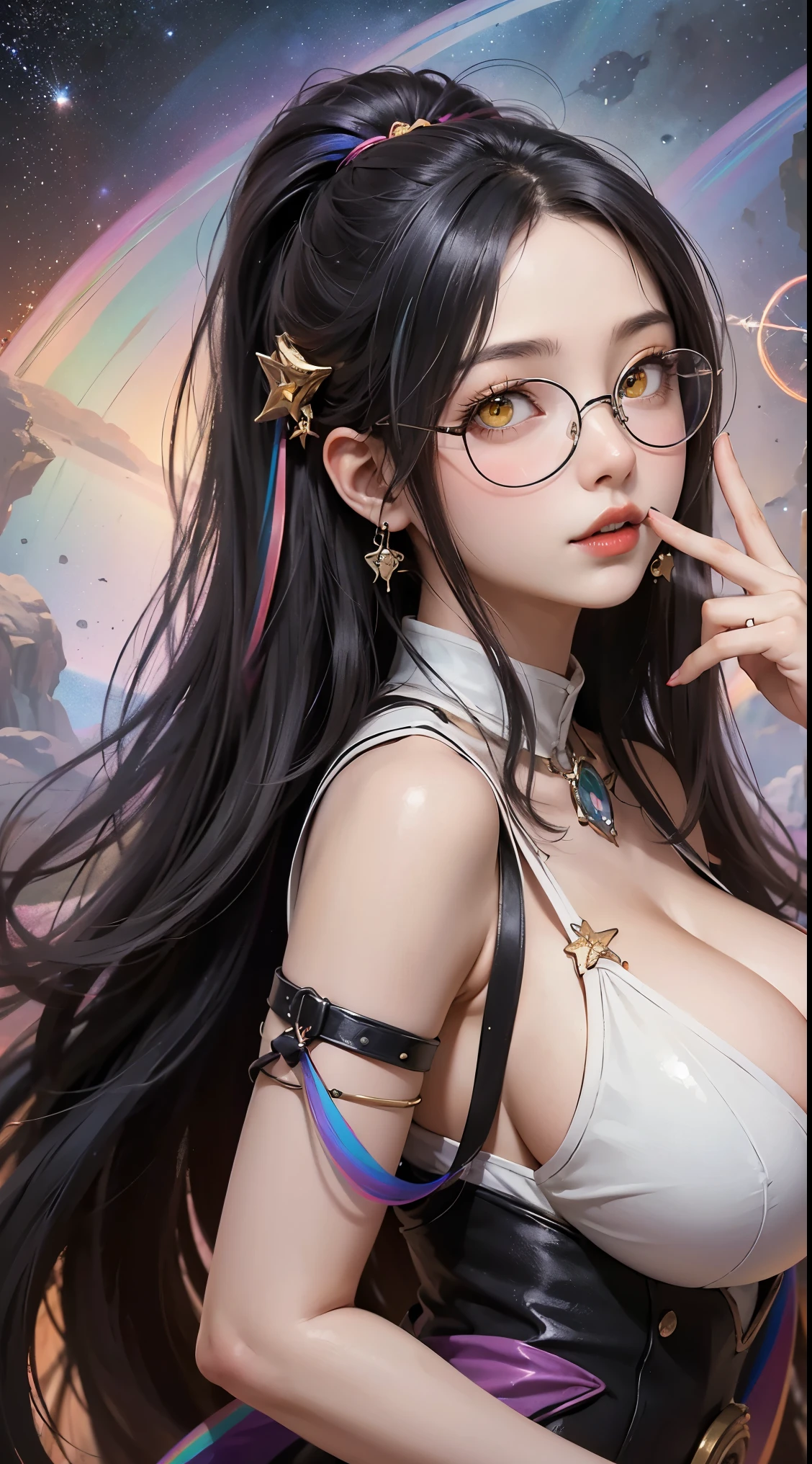 1名 27歳 woman, OK、(best illustrations)、8k UHD resolution、intricate details、最high quality、realistic、Super detailed、best lighting、best shadow、soft lighting、ultra hd、dungeon and Dragon、cave、dungeon、 necromancer、night、dark style、Succubus、devil'Daughter of、bat wings,(((デーモンホーンラック縁round glasses))))、(((big breasts)))、(devil'tail of)、(red eyes shine:1.6)、masterpiece、beautiful features、Tyndall effect、realisticphotograph、(high detail skin:1.2)、8KUHD、Digital single-lens reflex camera、high quality、photograph、High resolution、 absurd、Ponytail distortion、Optimal ratio of 4 fingers and 1 thumb、1 girl、hair ornaments、真っ赤に輝くgemのネックレス、gem、beautiful expression、body up、big breasts emphasis、tight waist、wide ass、Tyndall effect、Photoreal、(high detail skin:1.2)、dark and mysterious version, lipstick red lips, thin and beautiful lips, Don't laugh, please keep your mouth shut, Characters created by Karol Baku and Pino Daeni, intricate details, detailed background, very detailed, magic of light, woman, pretty face, ((((giant glasses, otaku glasses, thick glasses, round glasses))))、 looking at the Upper body of the goddess , round chest, big and round chest, phoenix hair brooch, long hair with bangs, (Long hair has seven colors like a rainbow:1.9), Beautifully detailed face and well-proportioned eyes, (clear yellow eyes: 1.8), Big round eyes and very beautiful and detailed makeup, Visionary, long silk nightgowns, mysterious makeup, ブresponseレット, I dyed my side bangs and light yellow., Upper body, (goddess Upper body: 1.8), hanging arms, リアルで鮮やかなphotograph, (stars that make up : 1.7), ( sky and fictitious space and time portal: 1.8), fiction art, RAWphotograph, 漢服のphotograph, 最高のphotograph , expensive_response, 最high quality, 最高のphotograph, 8K quality, 8K Ultra , surrealism, 最も経済的な本物のphotograph, artistic portrait of 12 signs, 1 symbol of 12 signs behind, single portrait of 12 goddess, 最もrealistic配色, 最高のphotograph color, masterpiece, hair ornaments, ネックresponse, jewelry, beautiful face, Upper body, Tyndall effect, photographのようにリアルな, Dark studio, border light, two tone light, (fine skin) expensive: 1.2), 8k UHD, Digital single-lens reflex camera, soft light, expensive quality, volume light, Frank, photograph, expensive responseolution, 4K quality, 8k, Bokeh, smooth and sharp, 10x more pixels, Charming goddess, sexy goddess, (background space: 1.8), (milky way: 1.7), aurora, lightning, (auroraの背景: 1.8) <roller:crazy_perfect eyes_v1_from_v1_, beautiful goddess and flowers,