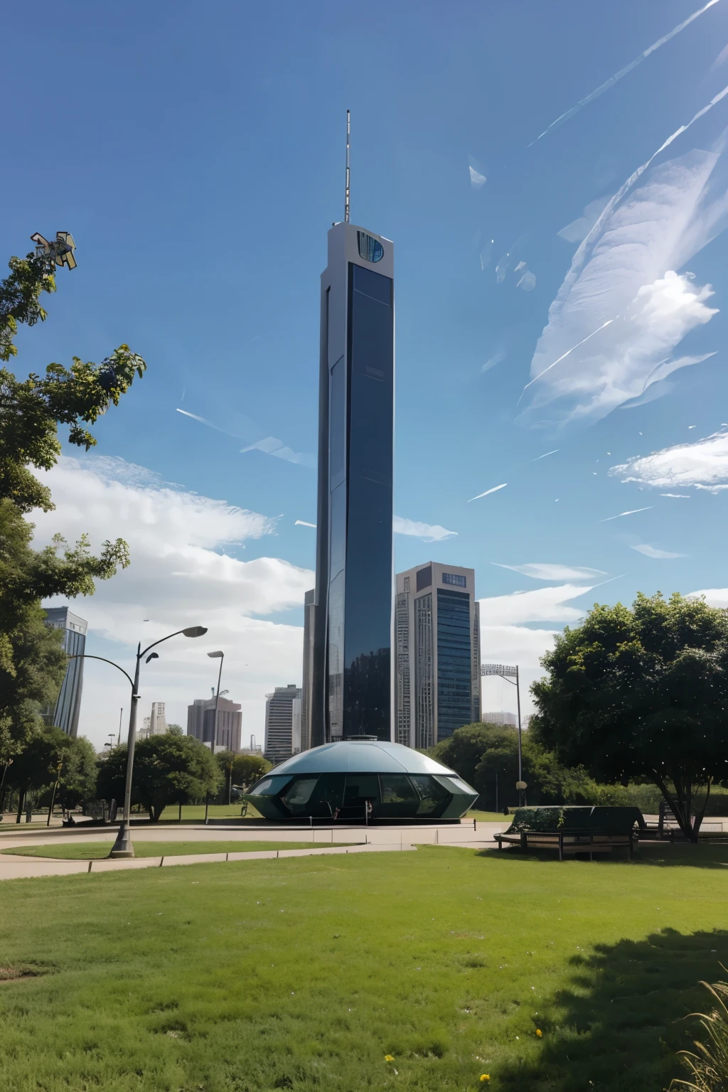 futuristic park, modern buildings, robot