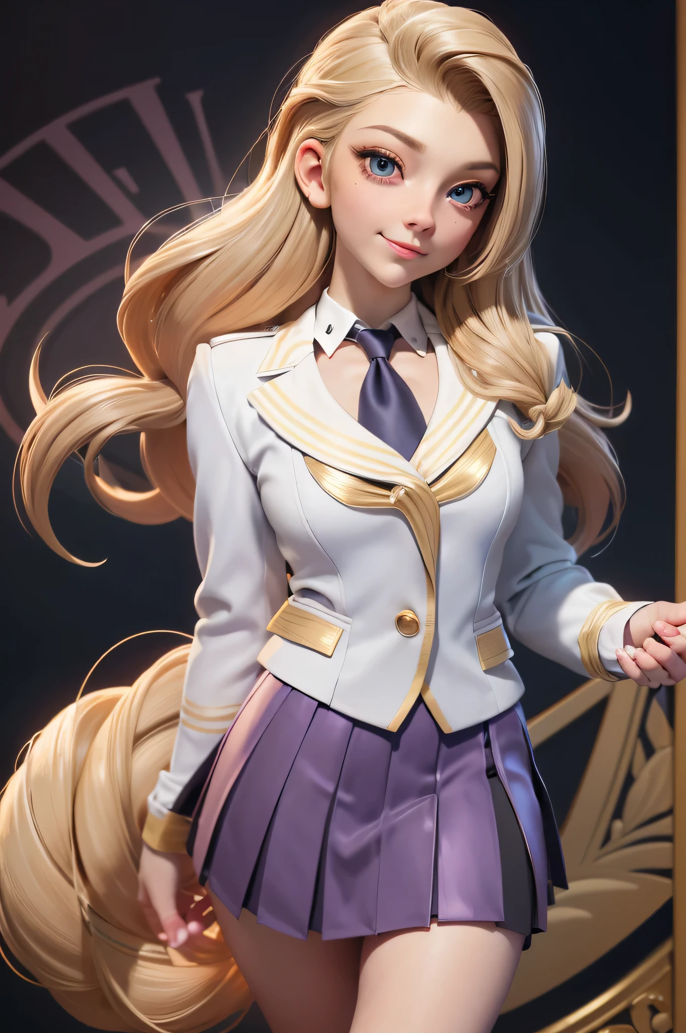 Natalie Dormer, 16 years, gynoid physics, (One:1.1), Natalie Dormer, perfect face, (((night skirt suit))), (((pleated school miniskirt))), (((night color jacket))), (((Silk tie))), Windsor tie, (((White shirt))), cup size 2, (((Night color miniskirt with 1 horizontal gold stripe))), One focus, fully dressed, elegantly dressed, smiling, arrogant expression, Elegant hairstyle, strand of hair in front, hair from back to waist, blonde hair, Green eyes, beautiful detailed eyes，bright students，（very good and beautiful），（Beautiful and detailed description of the eyes), [[gentle fingers and hands:0.55]::0.85], (detail fingers), Facing the camera, (Background with：school corridor，mystical atmosphere), (Illustration, cartoon, Masterpiece, very detailed, Best quality，cinematic lighting，muted colors, detailed background, A high resolution)