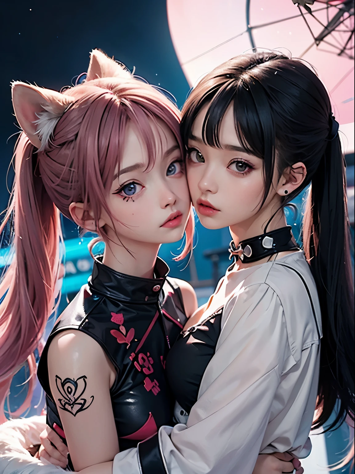 2 girls, neon red hair, moonlight eyes, fox ear, tattoo sleeves and piercings ((Anime style)), Harajuku-inspired hip-hop clothing, soft colors, neon paint splattered background, Soft stroke