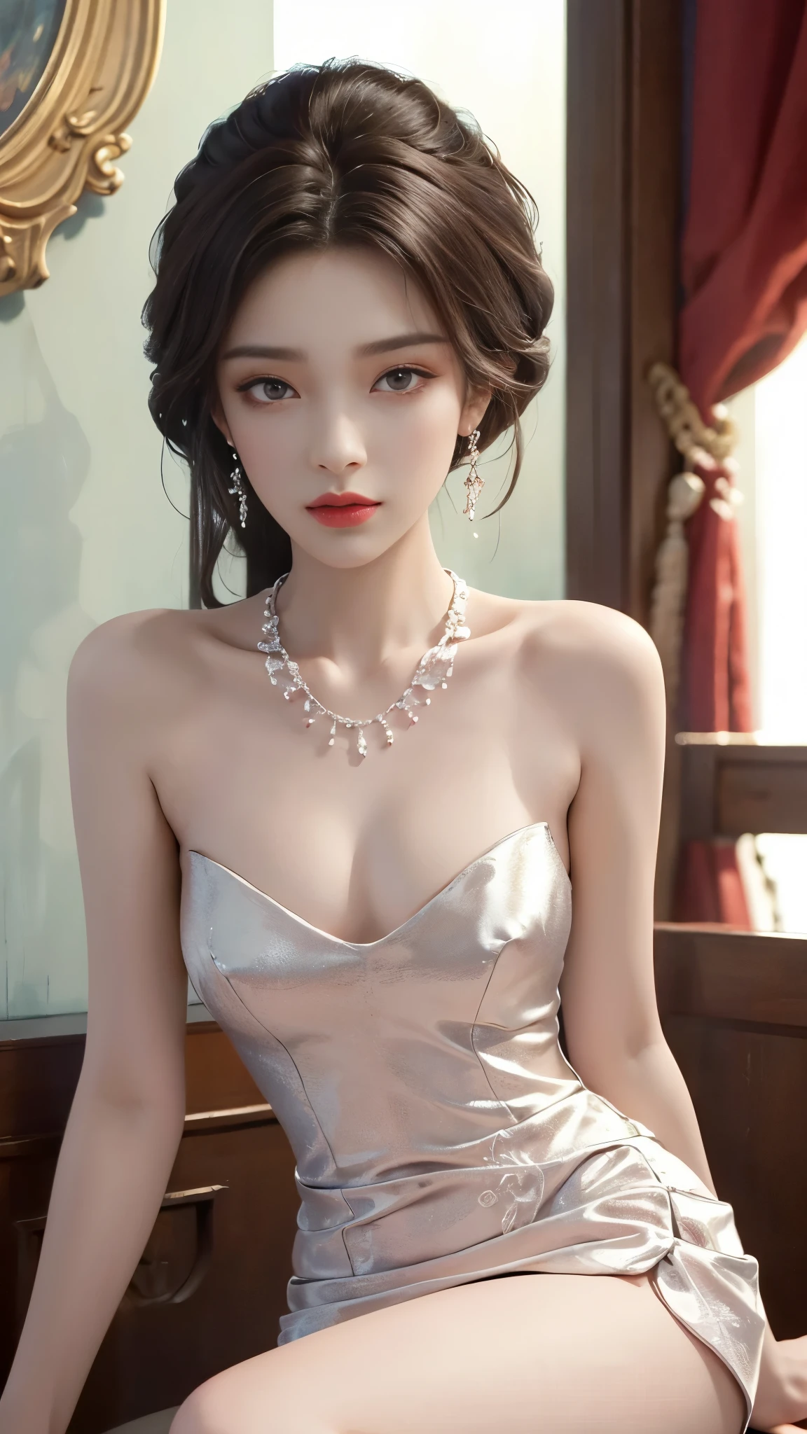 yuechan, ((whole body)), ((from below)), Yushuxin,1 girl,alone, ((stand up, leaning on ledge)), ((lean forward)), ((The features are clear, clear face, clear face)), ((bare shoulders)),red lips, cosmetics, close-up, elegant姿势, seductive pose, Perfect Curve, Slim, Sexy, big breasts, split, beautiful legs, charming gaze, bite lip, messy long hair, Simple and casual scene, Very detailed, Ultra-clear, best quality, official art, exquisite earrings, exquisite necklace, Very detailed description, Super beautiful painting, Sophisticated functionality, elegant, beautiful, Super fine details, masterpiece, Authentic texture, Realistic movie lighting, masterpiece, best quality