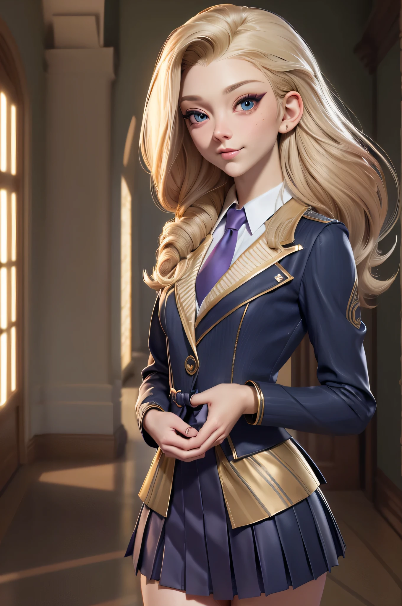 Natalie Dormer, 16 years, (One:1.1), Natalie Dormer, perfect face, (((night skirt suit))), (((pleated school miniskirt))), (((night color jacket))), (((Silk tie))), Windsor tie, (((White shirt))), cup size 2, (((Night color miniskirt with 1 horizontal gold stripe))), One focus, fully dressed, elegantly dressed, smiling, arrogant expression, Elegant hairstyle, strand of hair in front, hair from back to waist, blonde hair, Green eyes, beautiful detailed eyes，bright students，（very good and beautiful），（Beautiful and detailed description of the eyes), [[gentle fingers and hands:0.55]::0.85], (detail fingers), Facing the camera, (Background with：school corridor，mystical atmosphere), (Illustration, cartoon, Masterpiece, very detailed, Best quality，cinematic lighting，muted colors, detailed background, A high resolution)