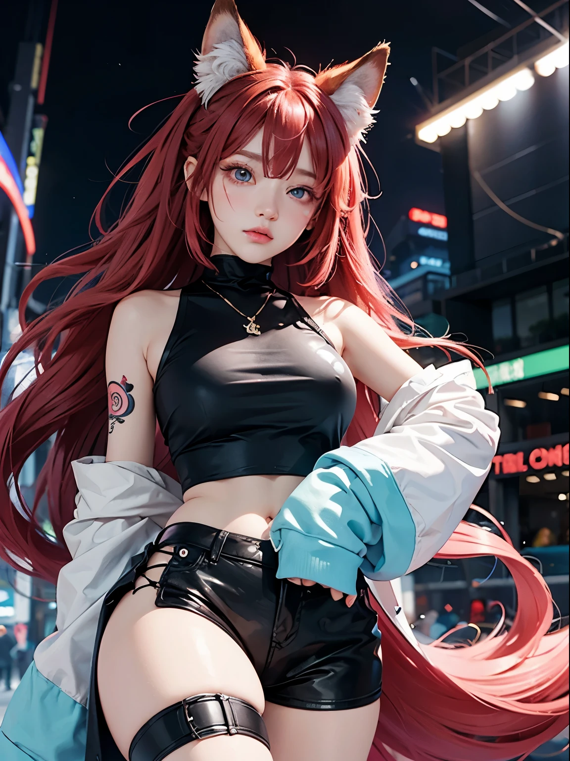 2 girls, neon red hair, moonlight eyes, fox ear, tattoo sleeves and piercings ((Anime style)), Harajuku-inspired hip-hop clothing, soft colors, neon paint splattered background, Soft stroke