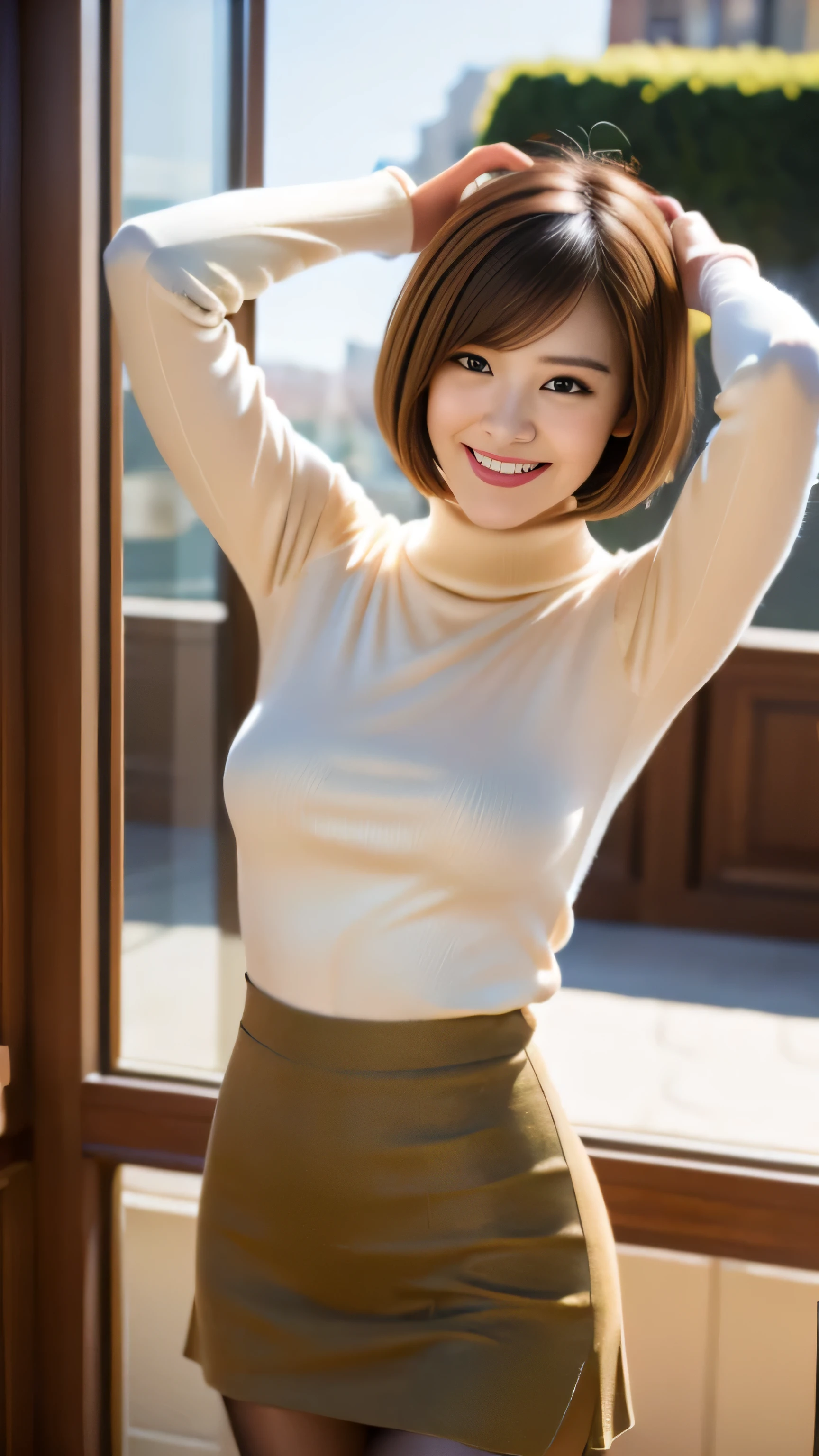 Best Quality, ray tracing, Put your hands on your head, short-hair, (brown pencil skirts:1.0), Smile, (pantyhose:1.0) (White turtleneck knitwear)