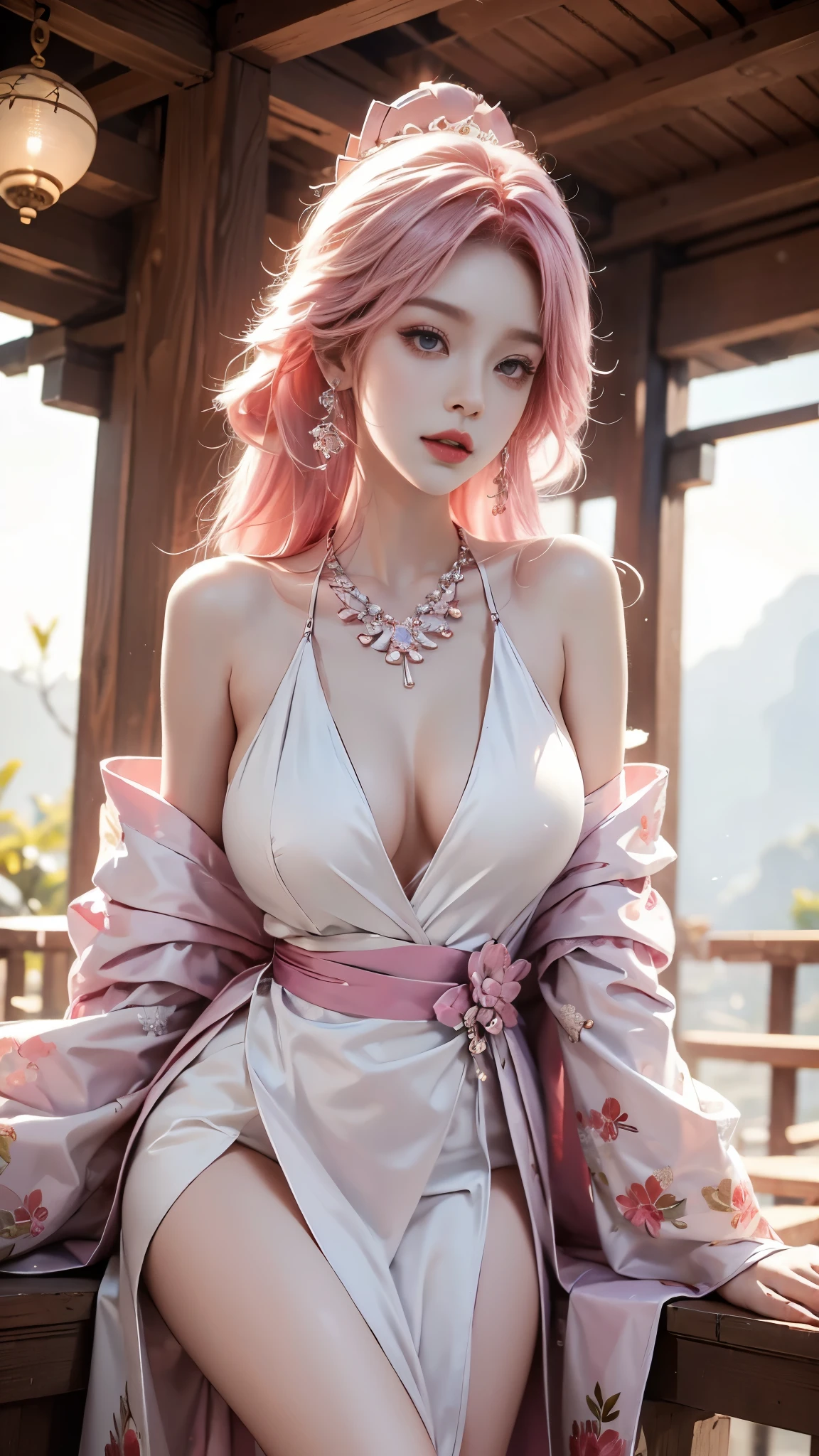 shenzi,1girl,long hair,pink hair,purple eyes,very long hair,hair_ornament,pink kimono, ((whole body)), ((from below)), Yushuxin,1 girl,alone, ((stand up, leaning on ledge)), ((lean forward)), ((The features are clear, clear face, clear face)), ((bare shoulders)),red lips, cosmetics, close-up, elegant姿势, seductive pose, Perfect Curve, Slim, Sexy, big breasts, split, beautiful legs, charming gaze, bite lip, messy long hair, Simple and casual scene, Very detailed, Ultra-clear, best quality, official art, exquisite earrings, exquisite necklace, Very detailed description, Super beautiful painting, Sophisticated functionality, elegant, beautiful, Super fine details, masterpiece, Authentic texture, Realistic movie lighting, masterpiece, best quality